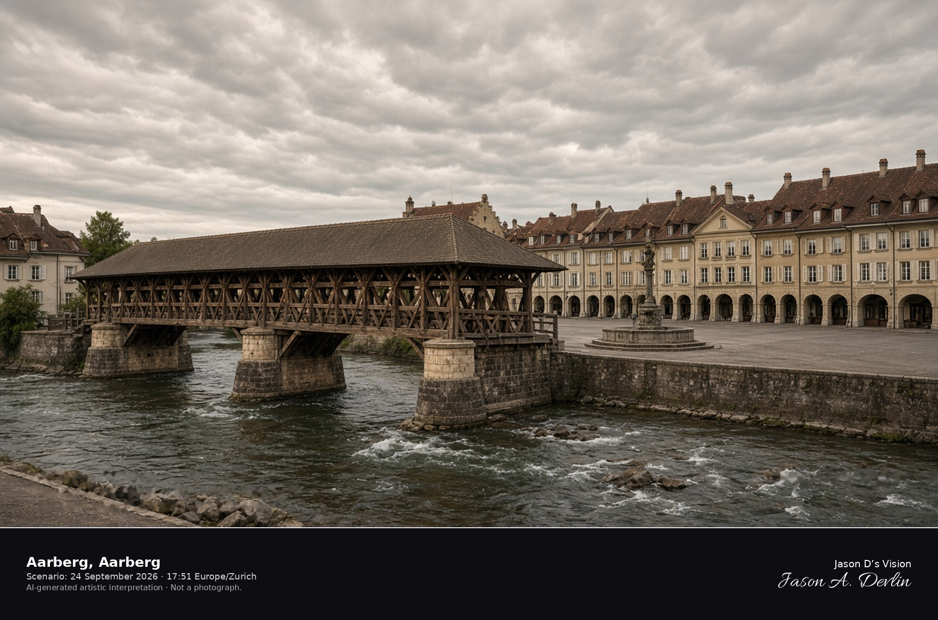 AI-generated artistic interpretation of the covered wooden bridge and square in Aarberg