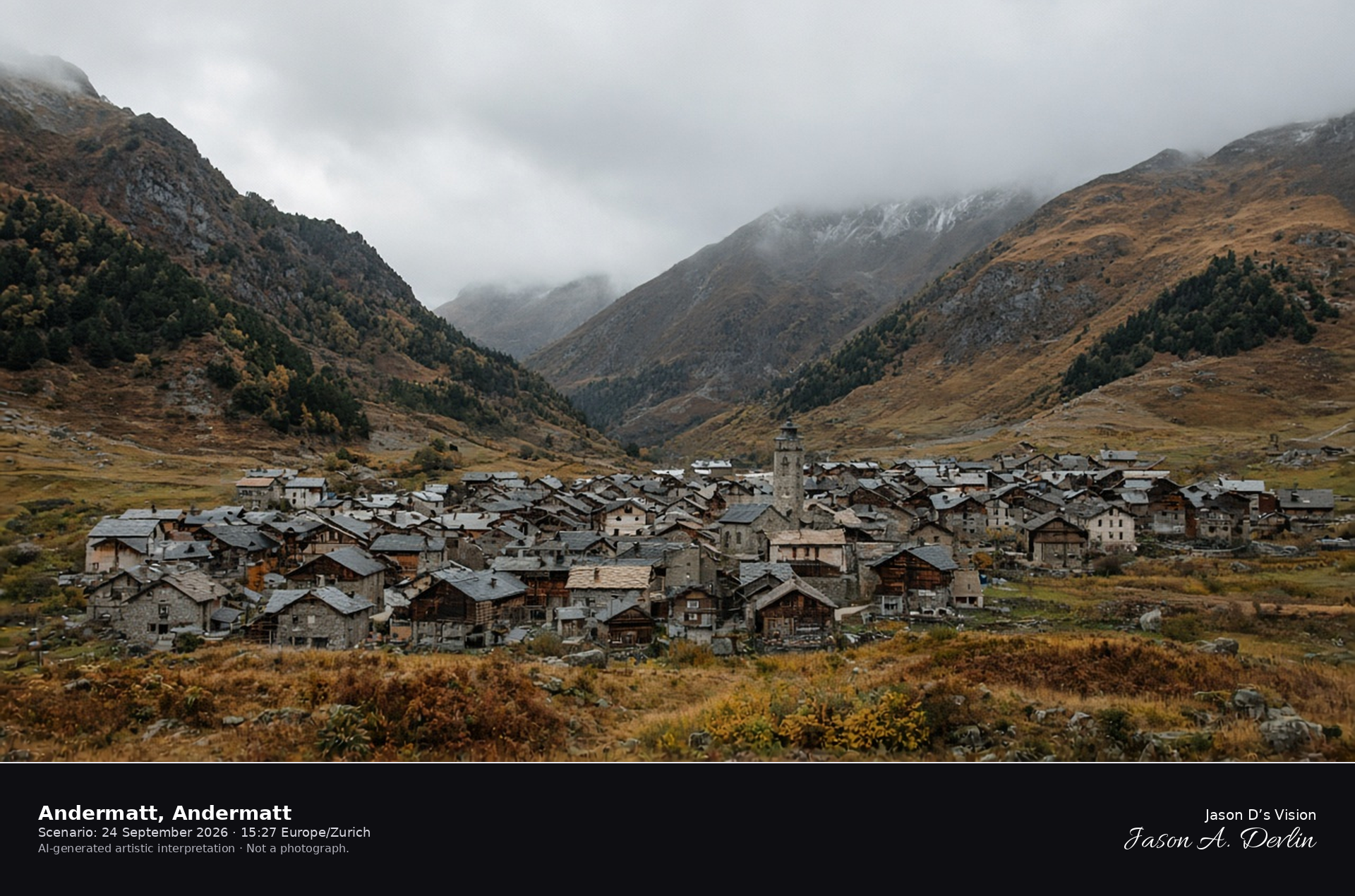 AI-generated artistic interpretation of Andermatt village and its parish church in the Urseren valley