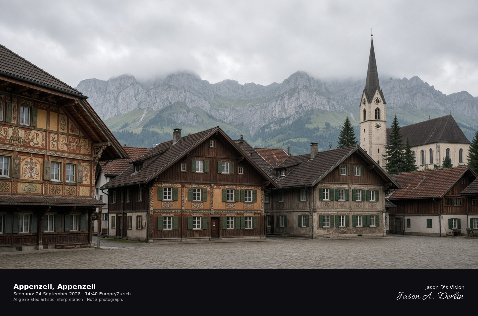 AI-generated artistic interpretation of Appenzell village with painted houses and the Alpstein