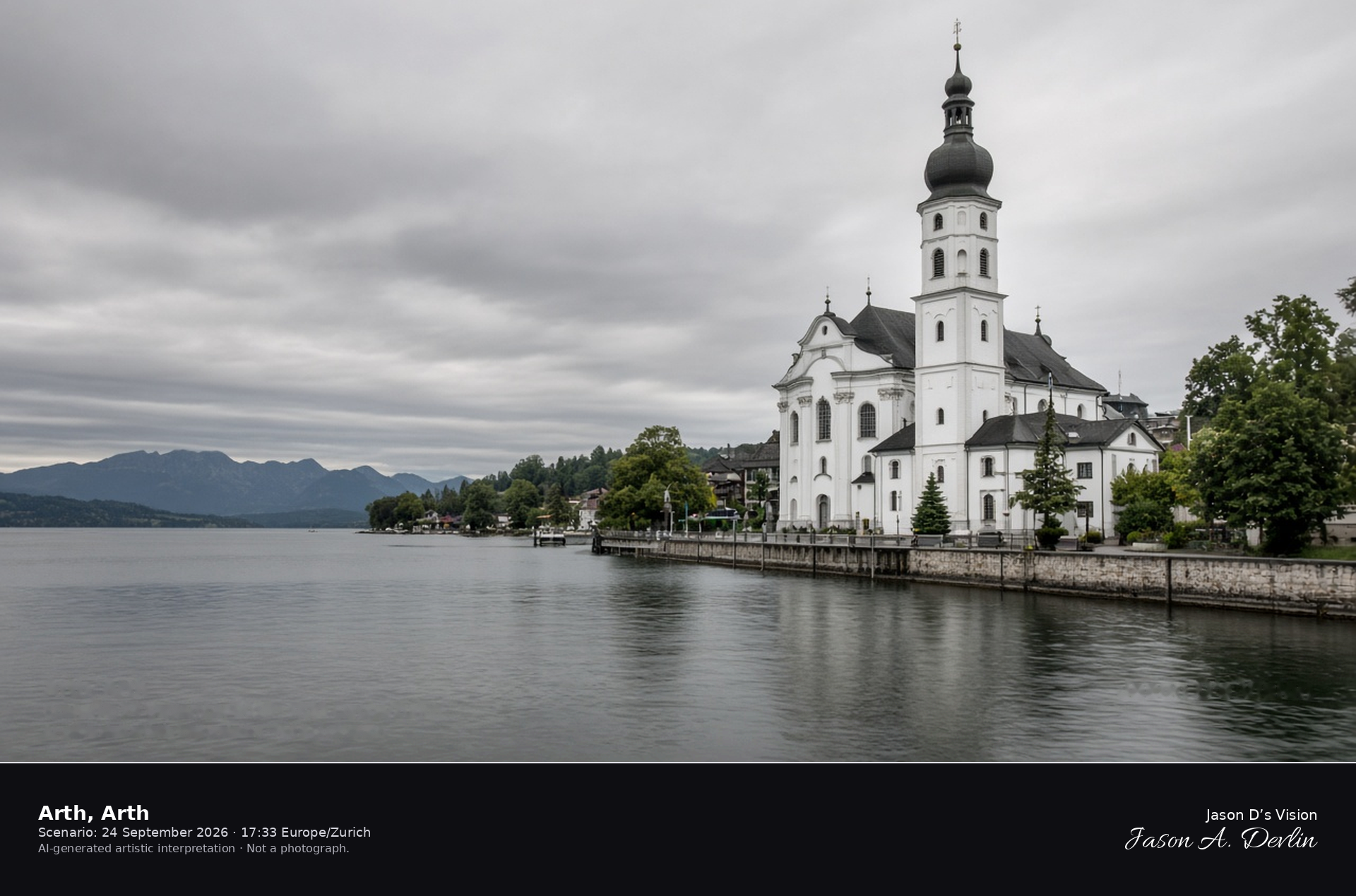AI-generated artistic interpretation of the parish church at Arth on Lake Zug