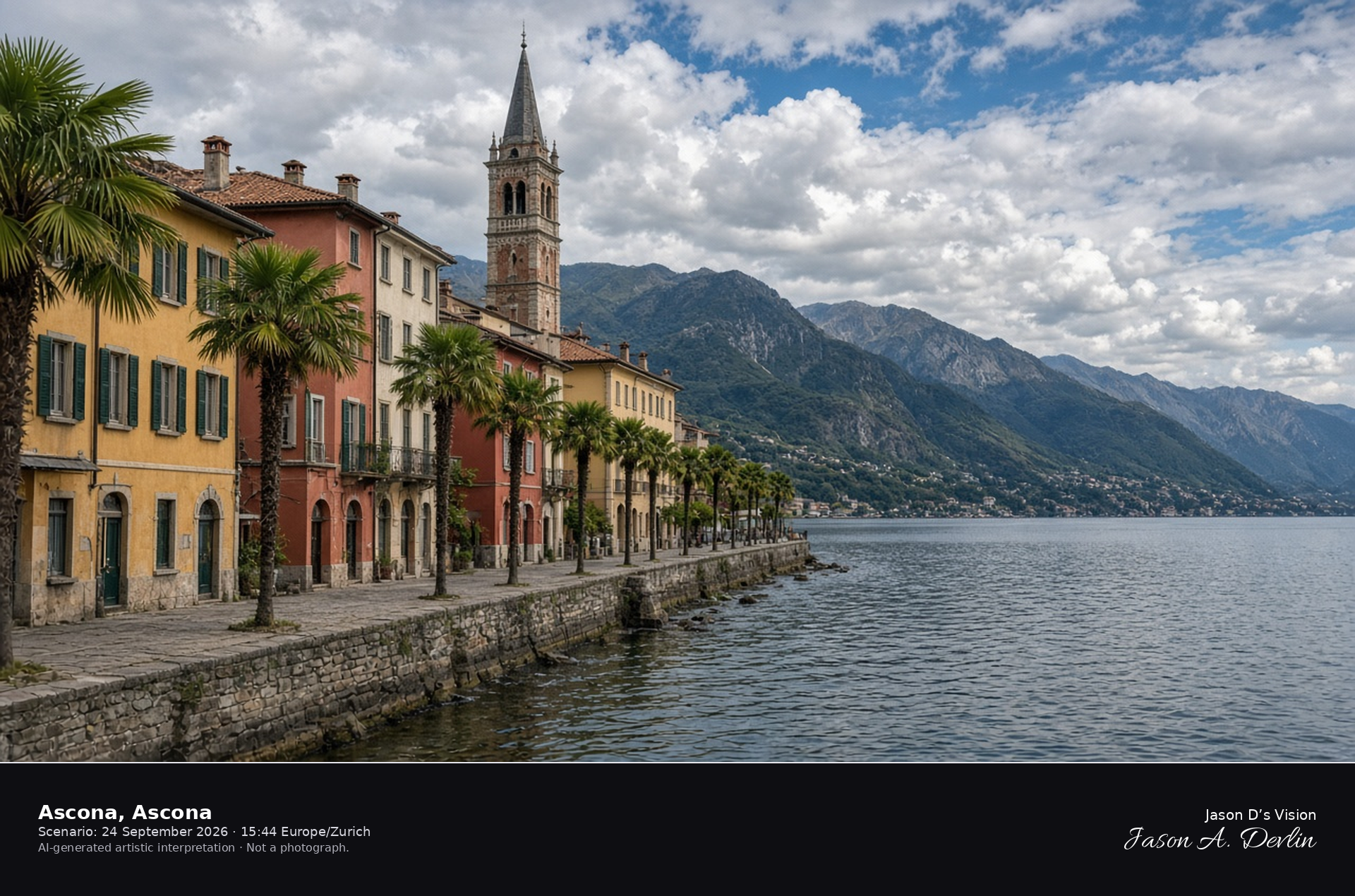 AI-generated artistic interpretation of the Ascona lakefront on Lake Maggiore