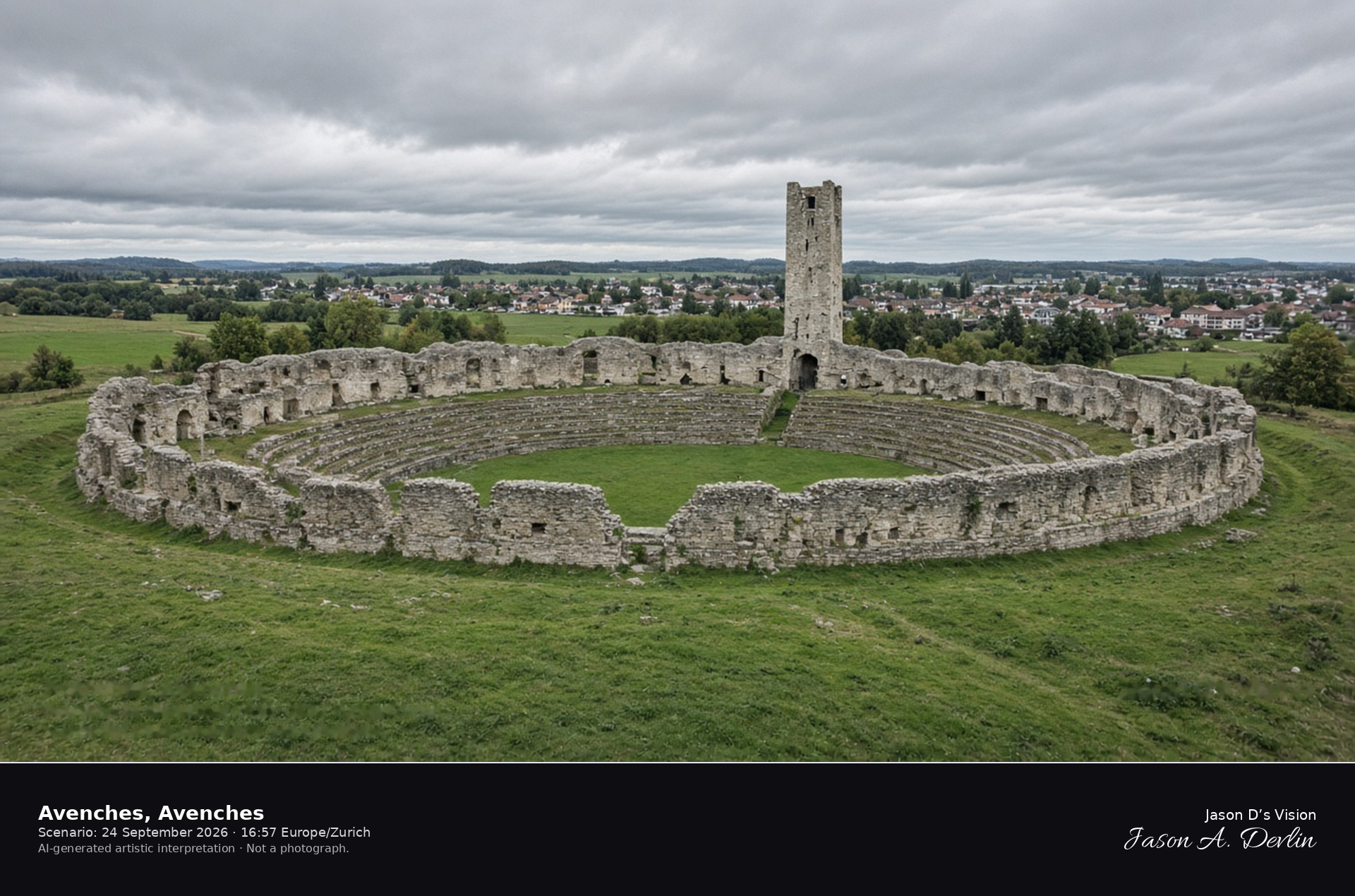 AI-generated artistic interpretation of the Roman amphitheatre exterior at Avenches