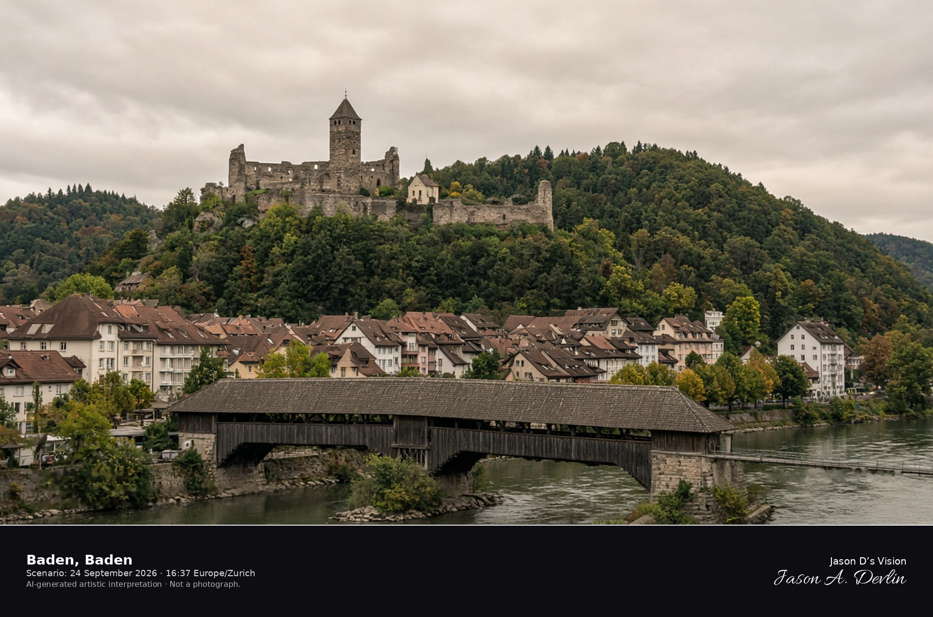 AI-generated artistic interpretation of the covered bridge, old town, and Stein castle ruin at Baden