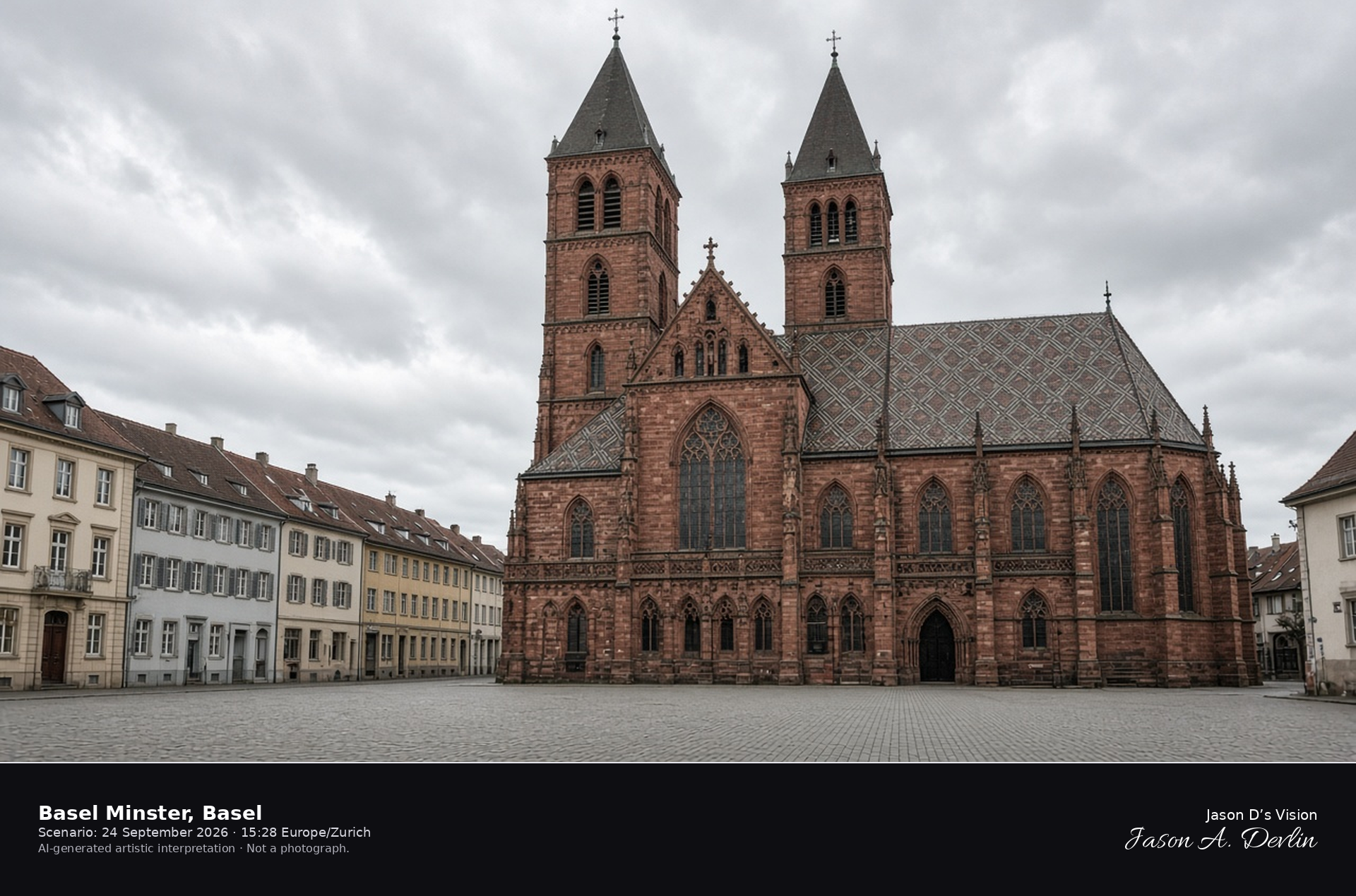AI-generated artistic interpretation of the Basel Minster west front from Münsterplatz