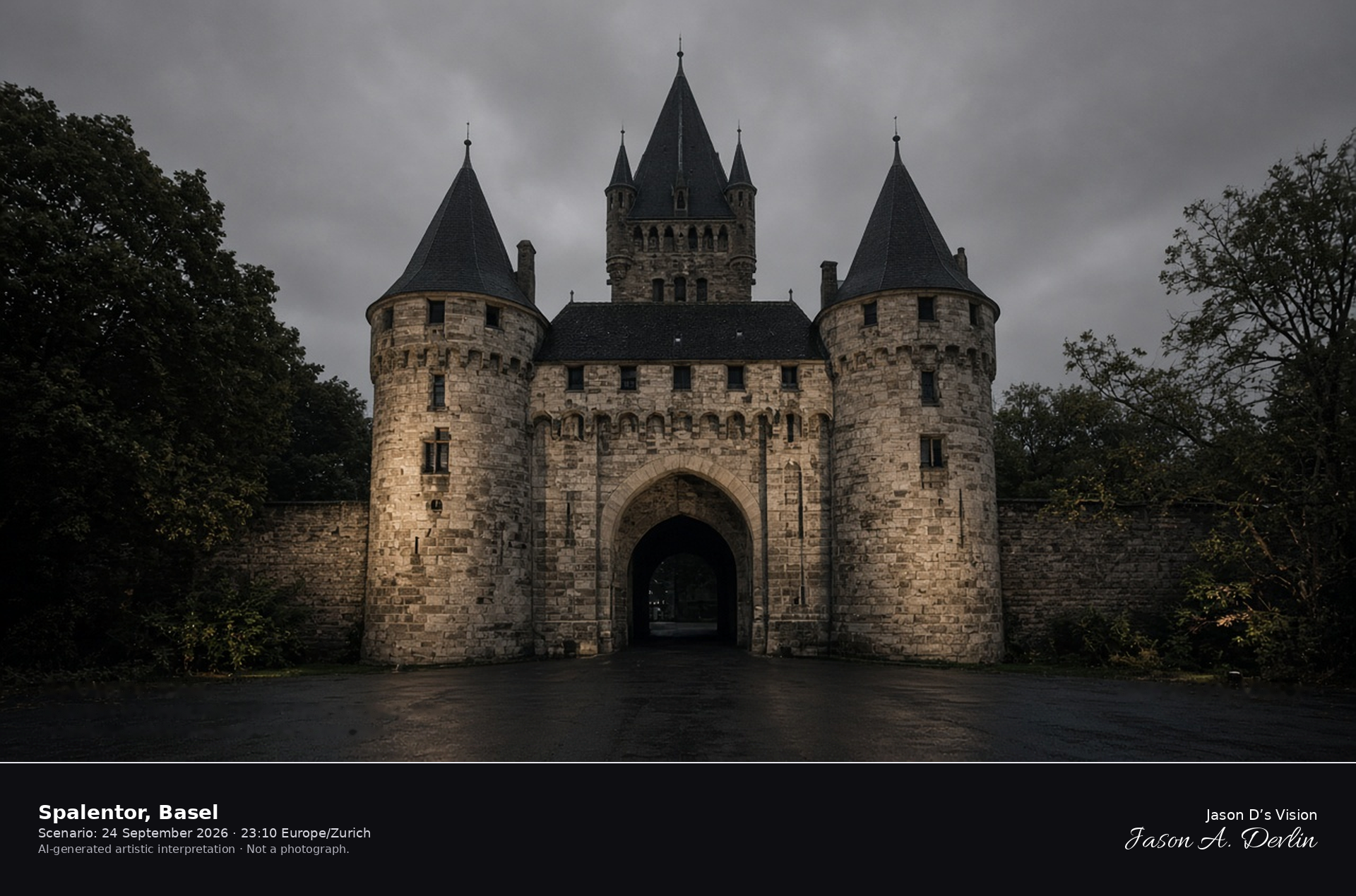AI-generated artistic interpretation of the Spalentor in Basel at night