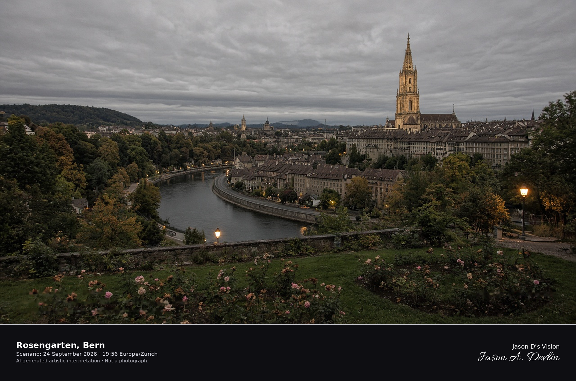 AI-generated artistic interpretation of the Rosengarten above Bern’s old town at night