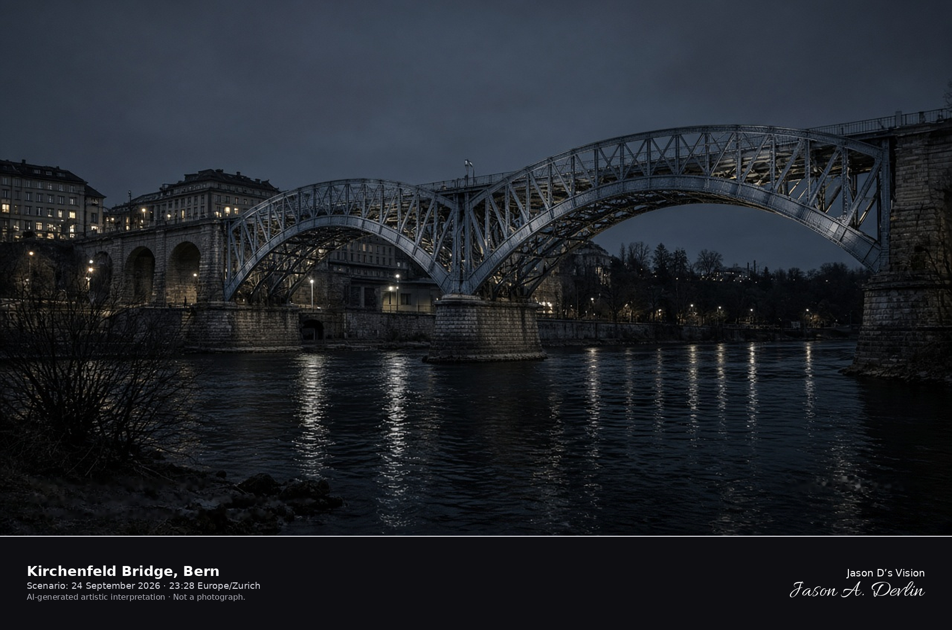 AI-generated artistic interpretation of the Kirchenfeld Bridge in Bern at night
