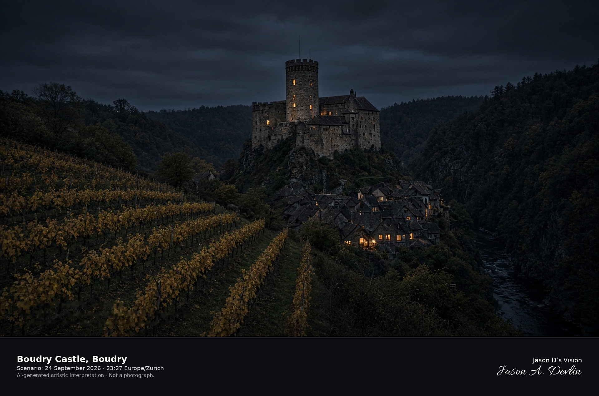 AI-generated artistic interpretation of Boudry Castle above the Areuse at night