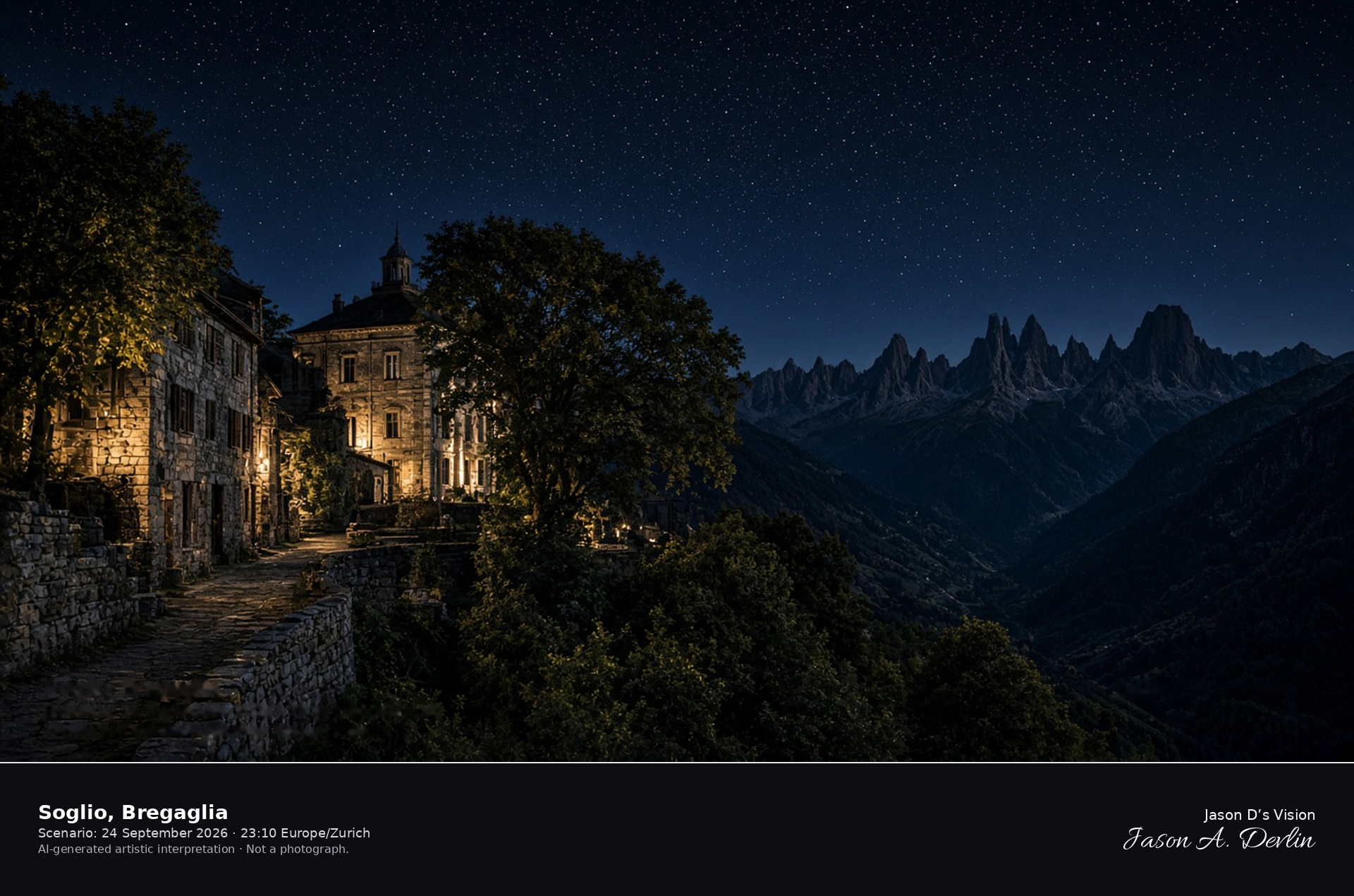 AI-generated artistic interpretation of Soglio above Val Bregaglia at night