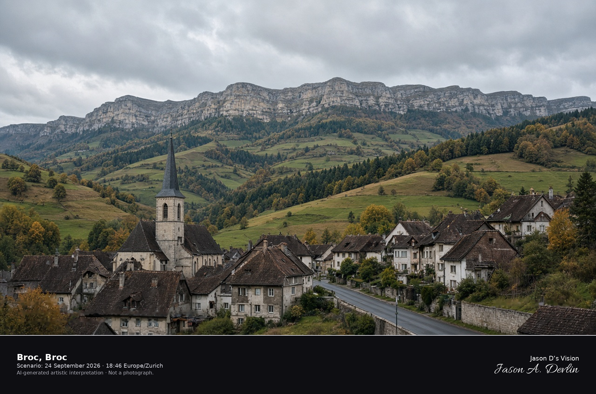 AI-generated artistic interpretation of the church and valley street in Broc