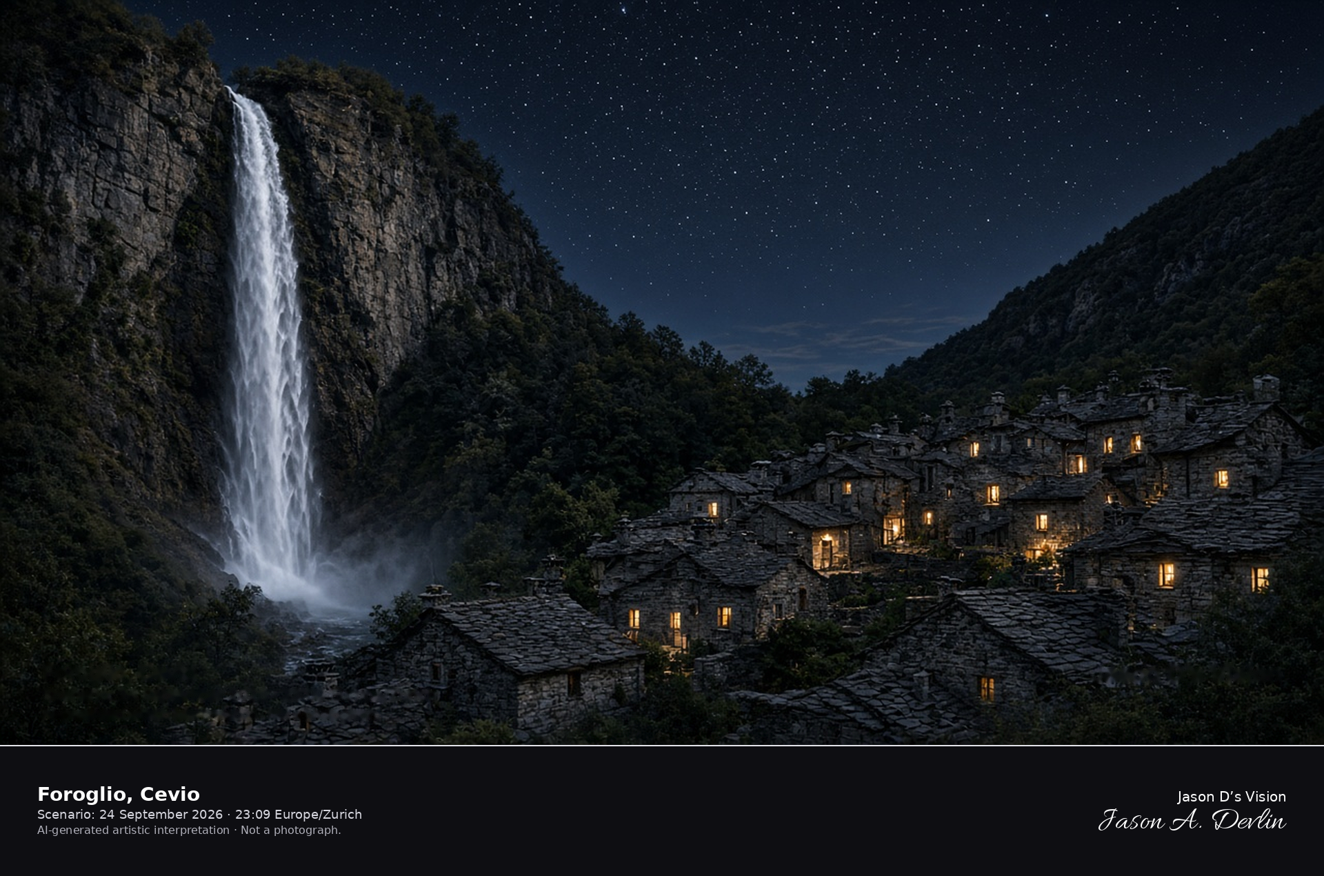 AI-generated artistic interpretation of the Foroglio waterfall and stone hamlet at night