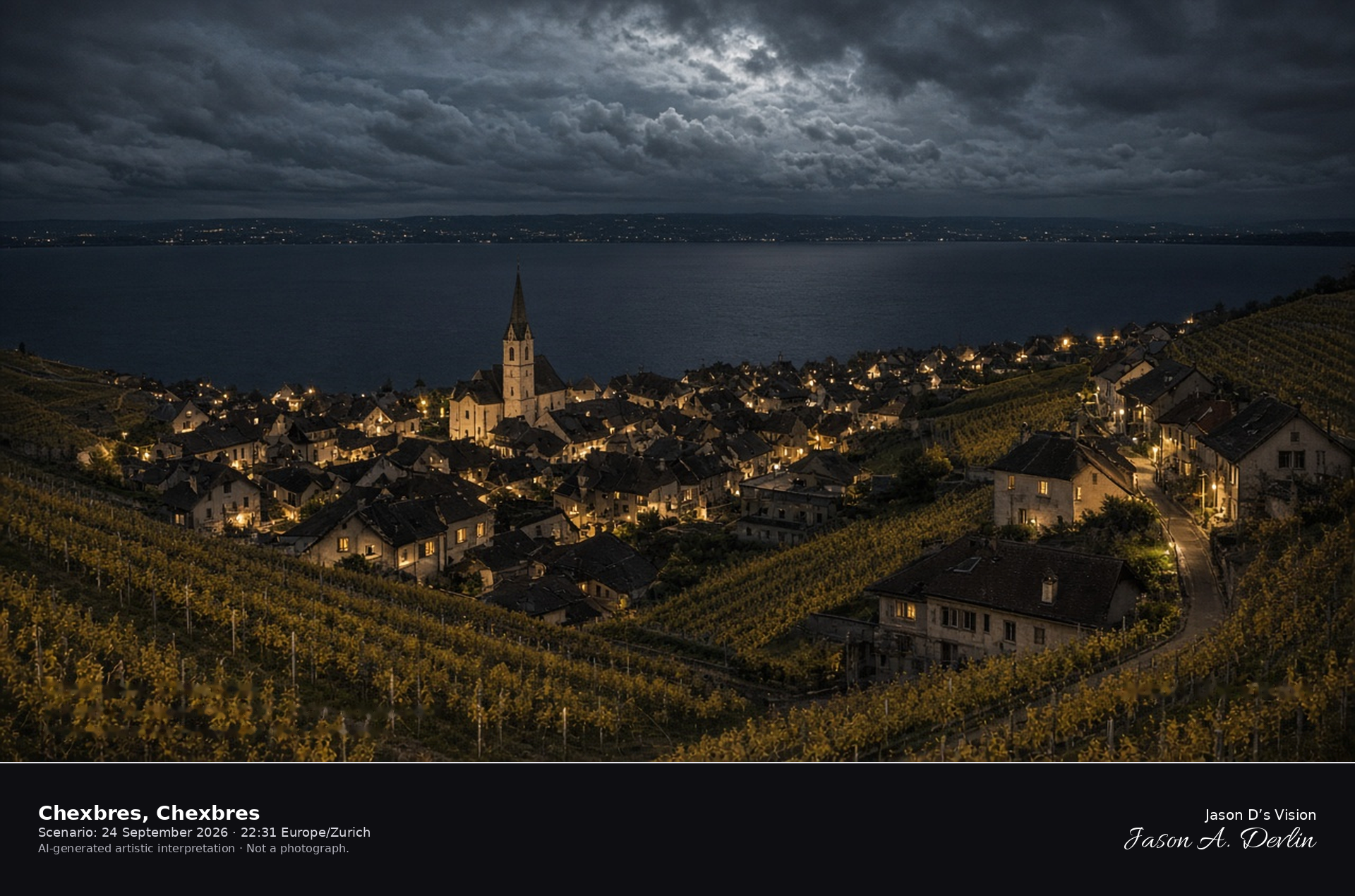 AI-generated artistic interpretation of Chexbres above the Lavaux vines at night