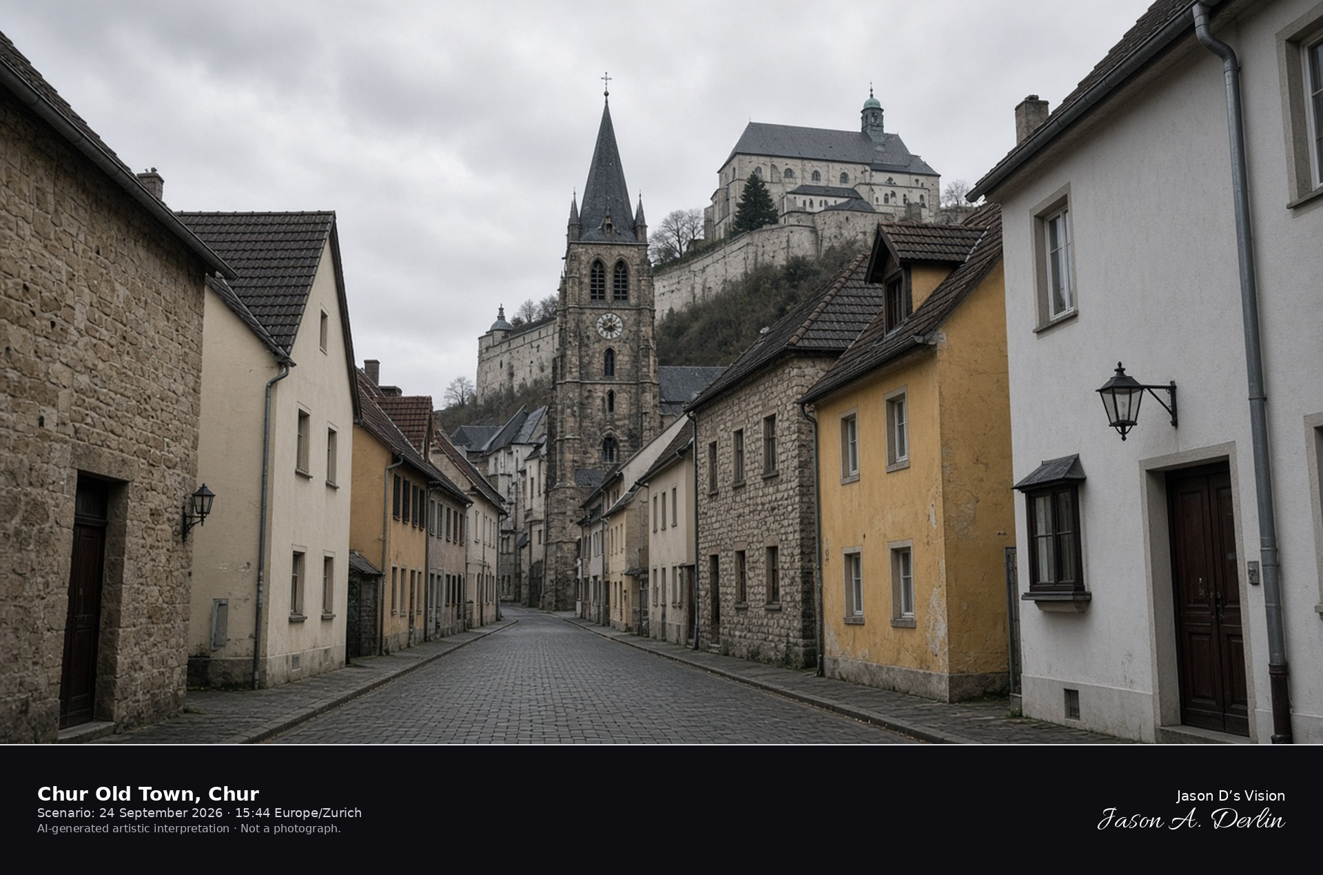 AI-generated artistic interpretation of Chur old town and the Martinskirche tower