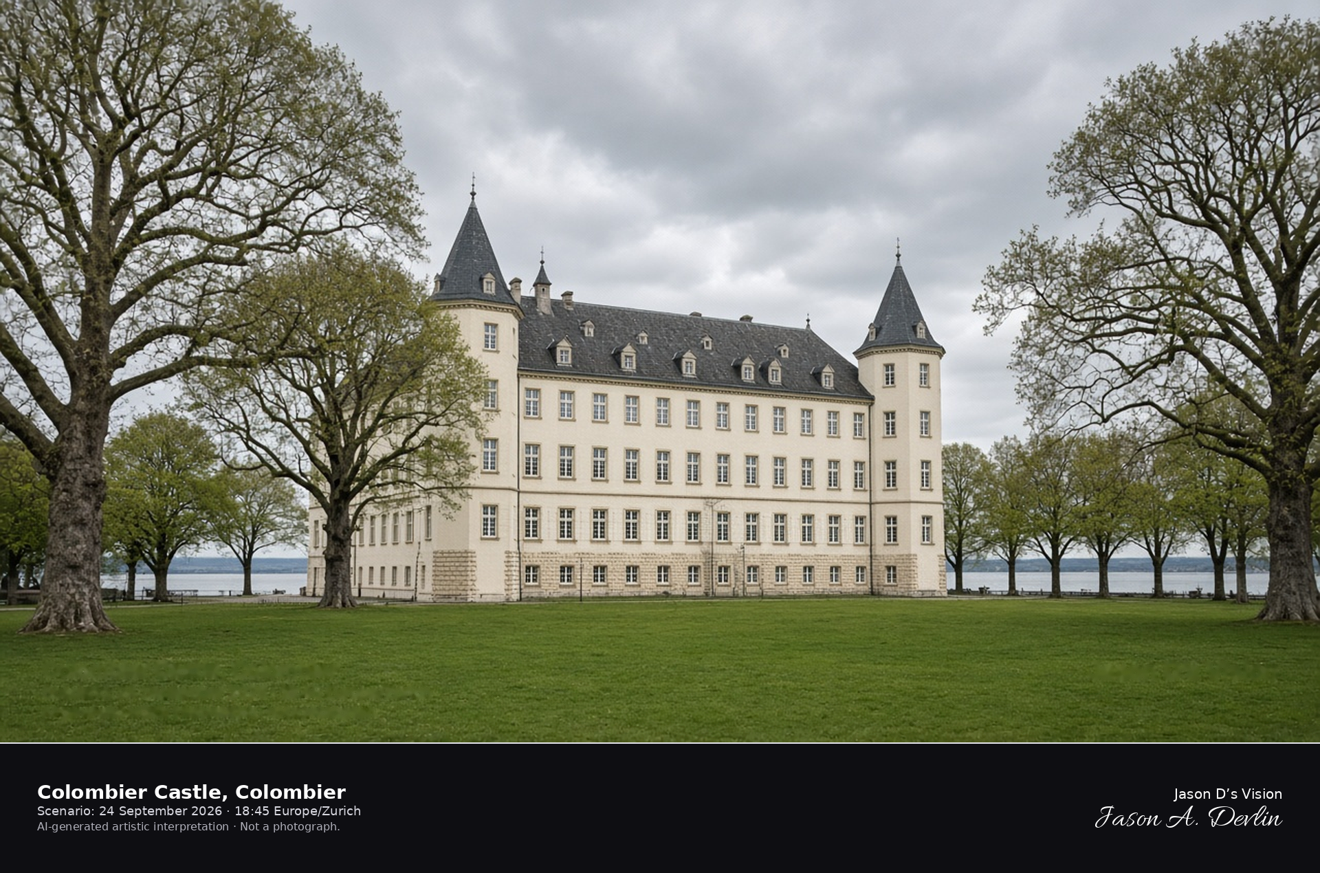 AI-generated artistic interpretation of the south facade of Colombier Castle in its park