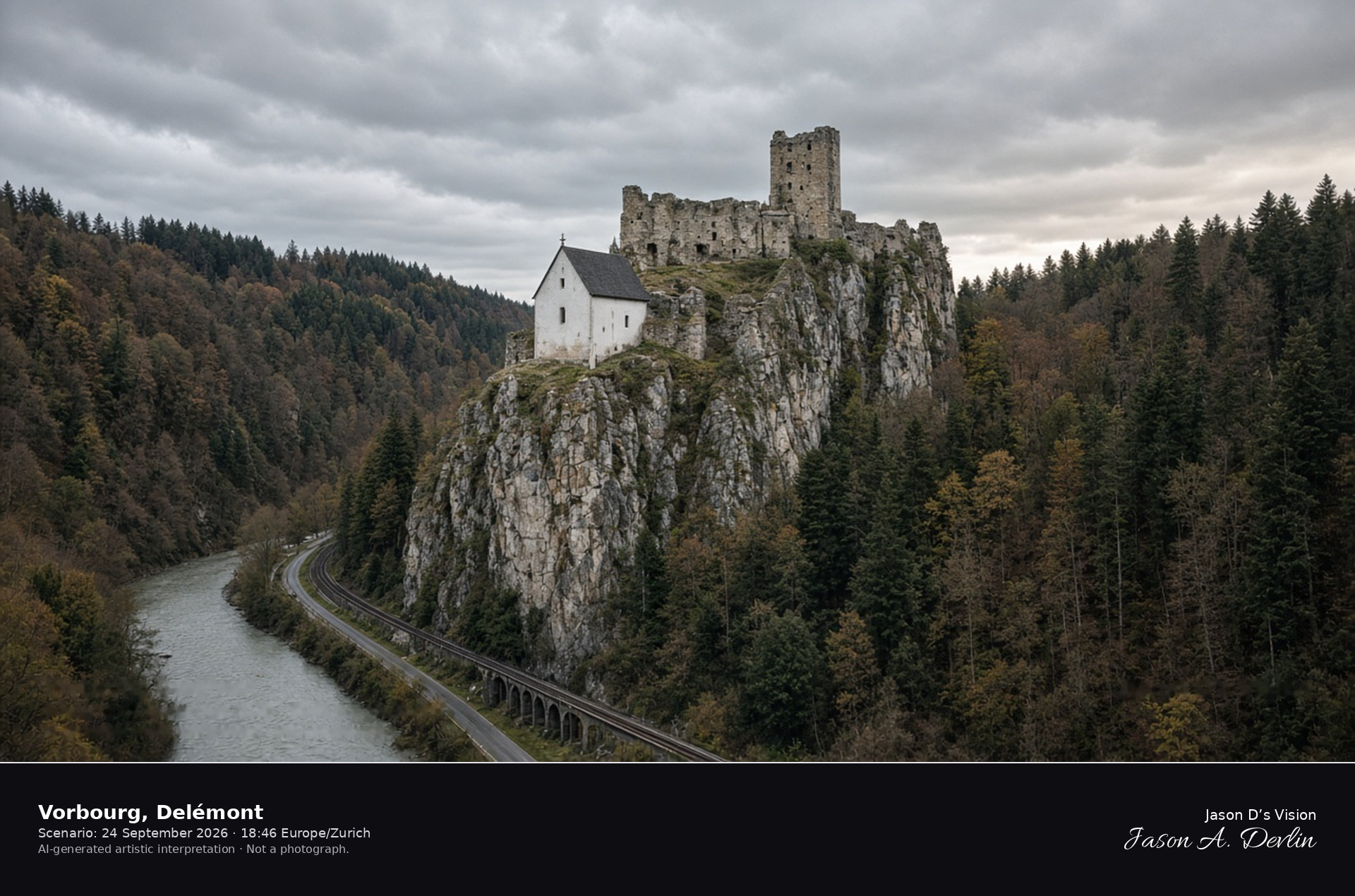 AI-generated artistic interpretation of the Vorbourg chapel and ruined keep above the Birs gorge