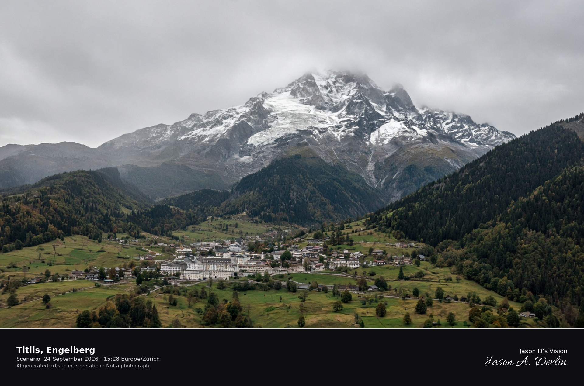AI-generated artistic interpretation of Titlis and its glacier from the Engelberg valley