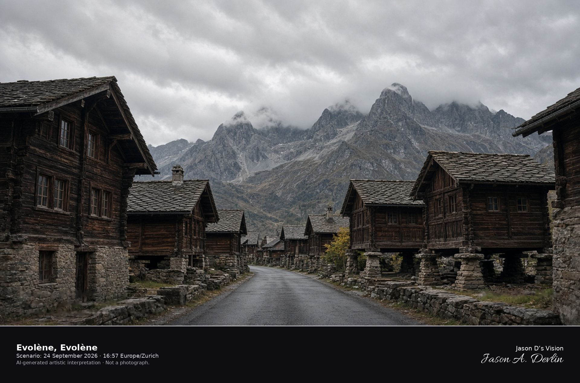 AI-generated artistic interpretation of the timber houses in Evolène