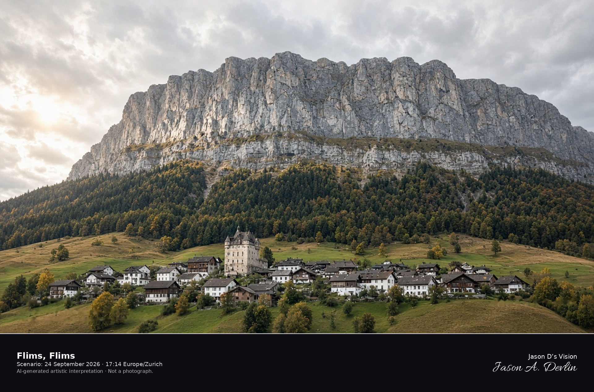 AI-generated artistic interpretation of Flims Dorf beneath the Flimserstein