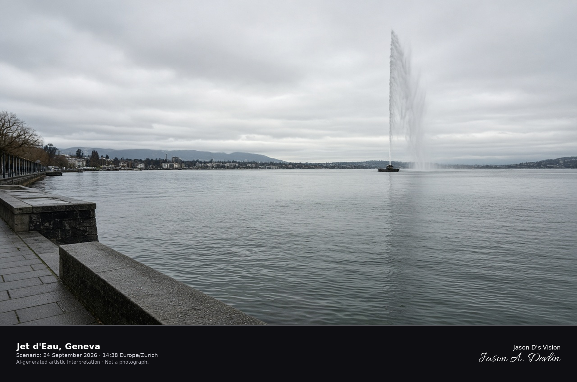 AI-generated artistic interpretation of the Jet d'Eau rising from Lake Geneva