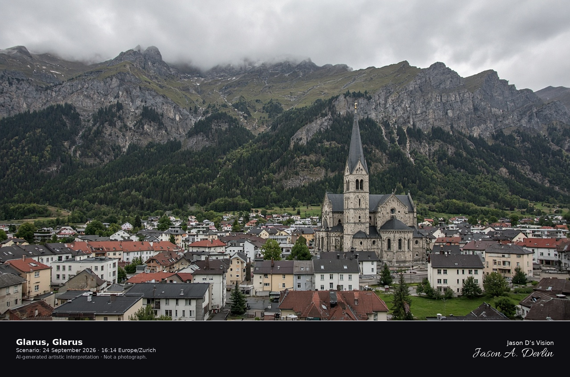 AI-generated artistic interpretation of the Stadtkirche in Glarus with the Glärnisch behind the town
