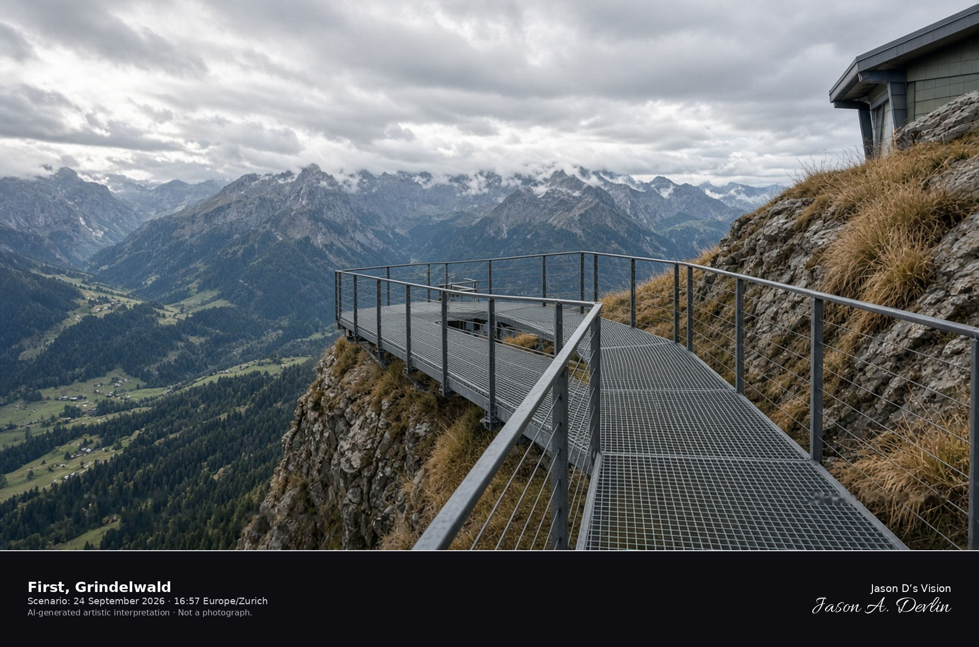 AI-generated artistic interpretation of the First station and cliff walk above Grindelwald