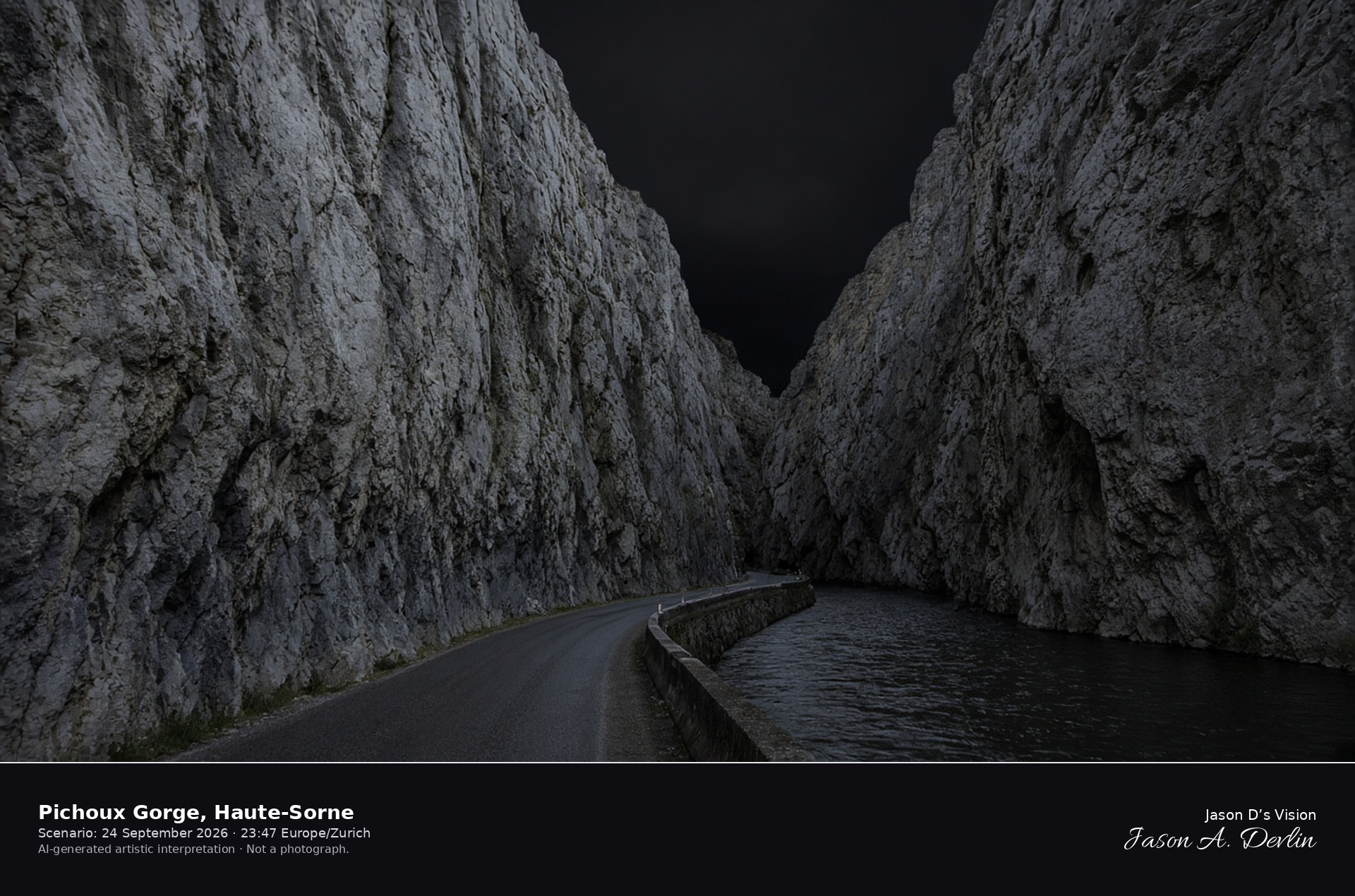 AI-generated artistic interpretation of the Pichoux gorge at night