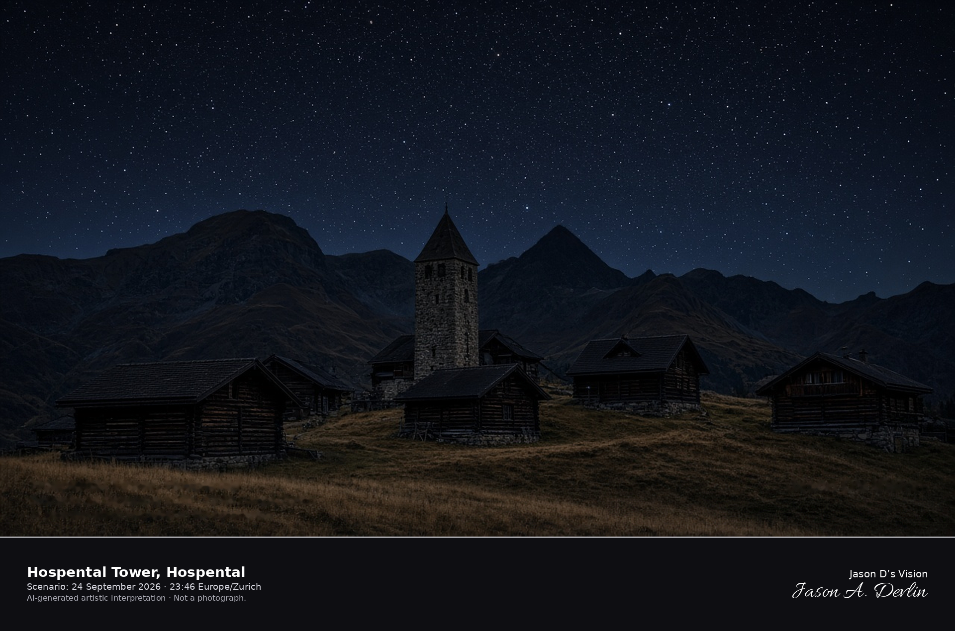 AI-generated artistic interpretation of the Hospental tower at night