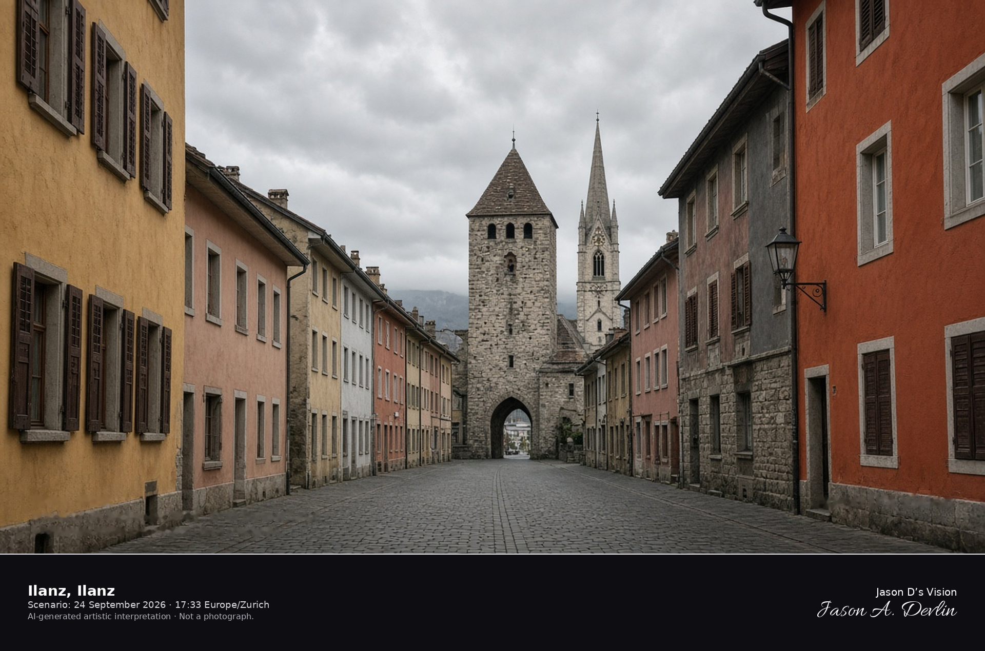 AI-generated artistic interpretation of the Obertor and old town of Ilanz