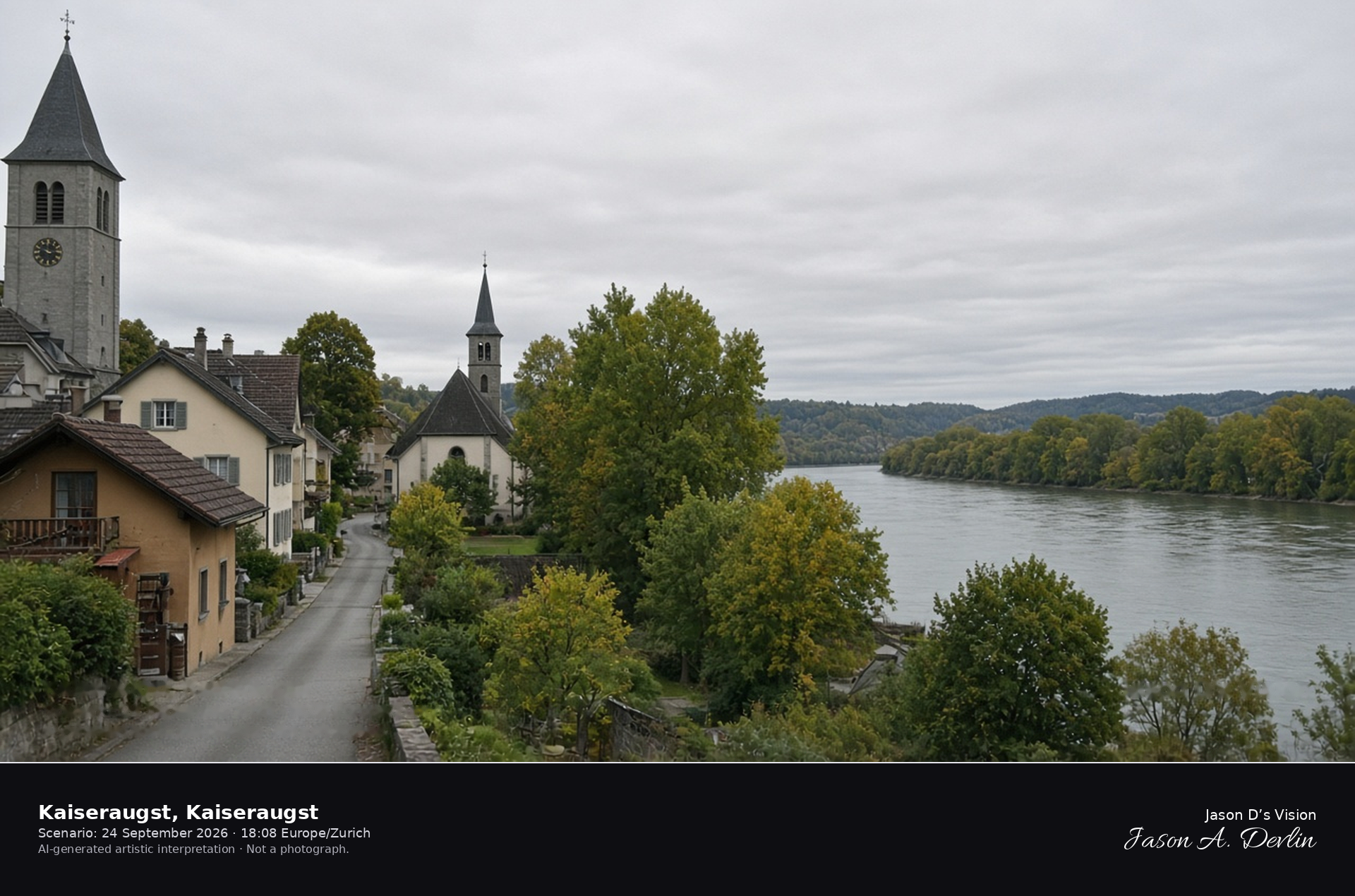 AI-generated artistic interpretation of Kaiseraugst and the church of St. Gallus on the Rhine