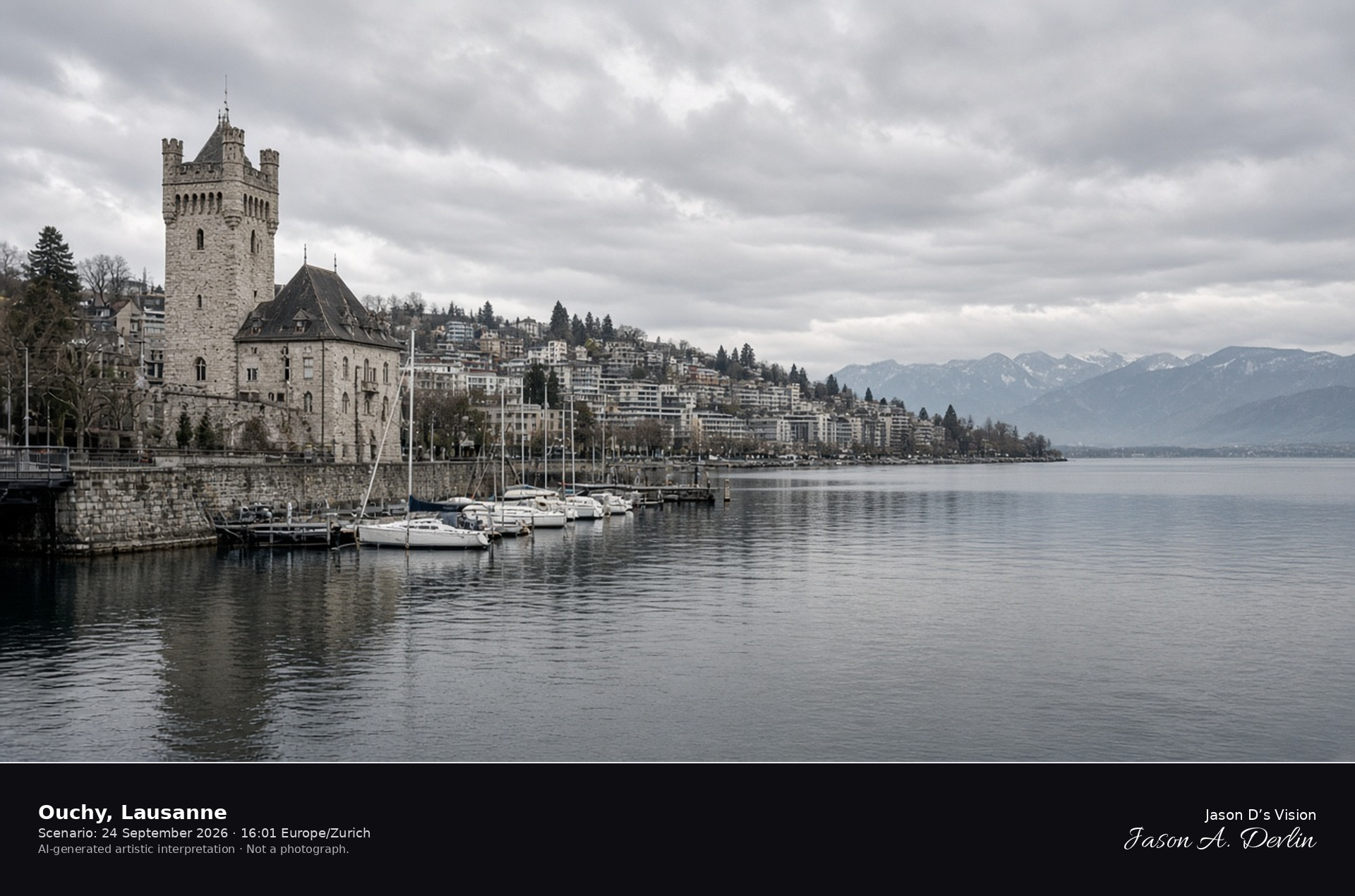 AI-generated artistic interpretation of the Ouchy quay and château on Lake Geneva