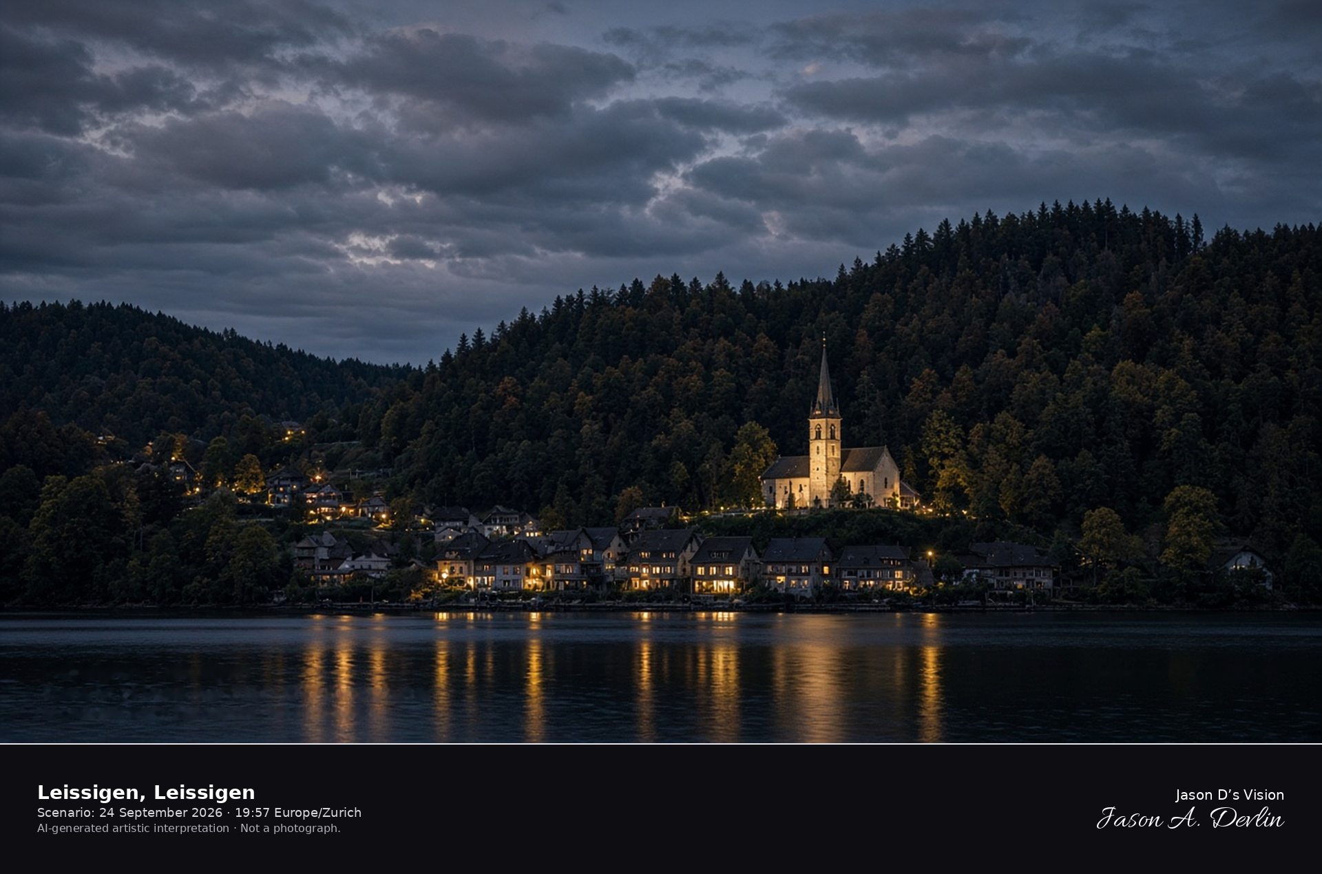 AI-generated artistic interpretation of Leissigen and its church on Lake Thun at night