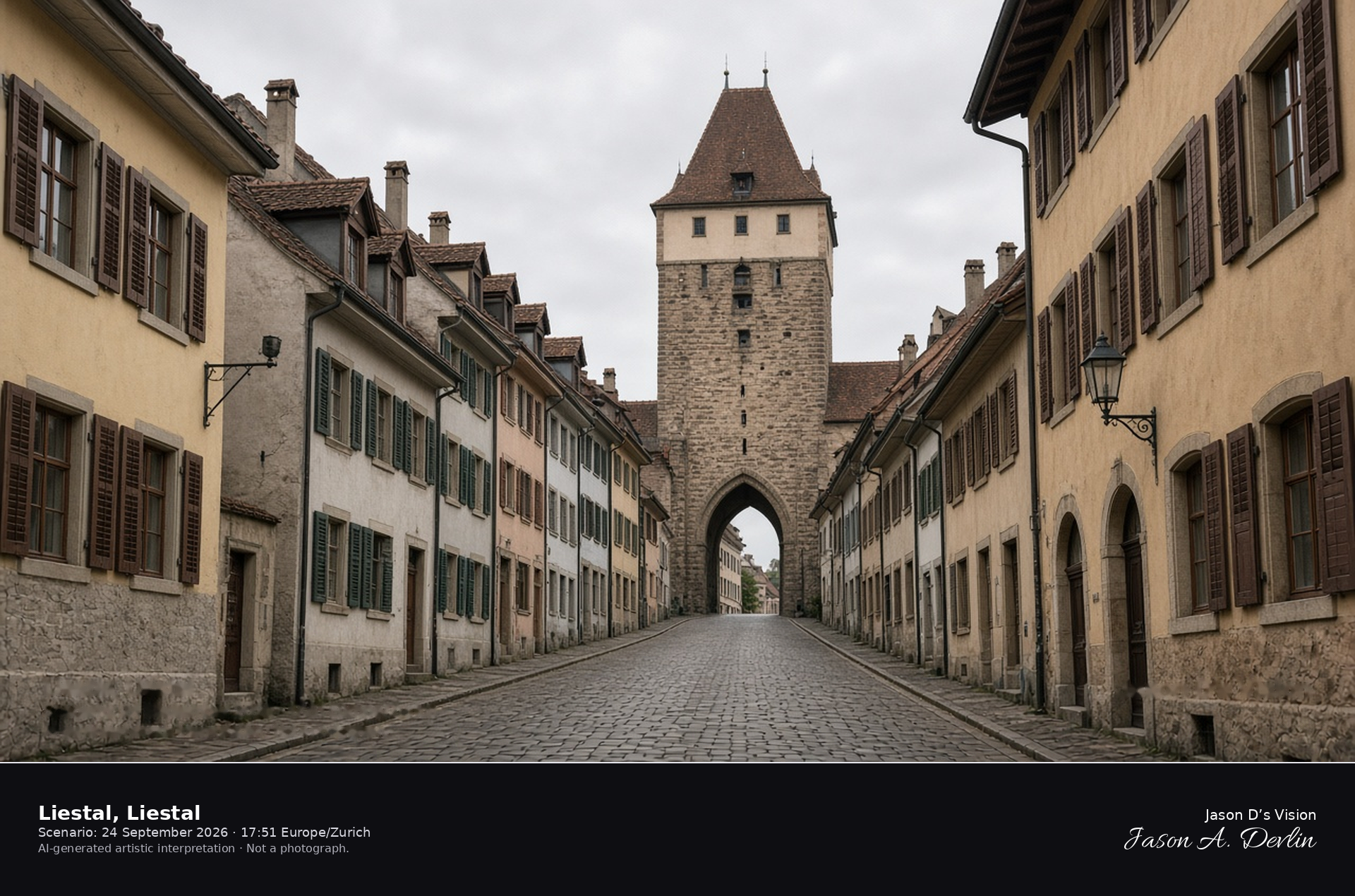 AI-generated artistic interpretation of the Obertor at the head of Rathausstrasse in Liestal