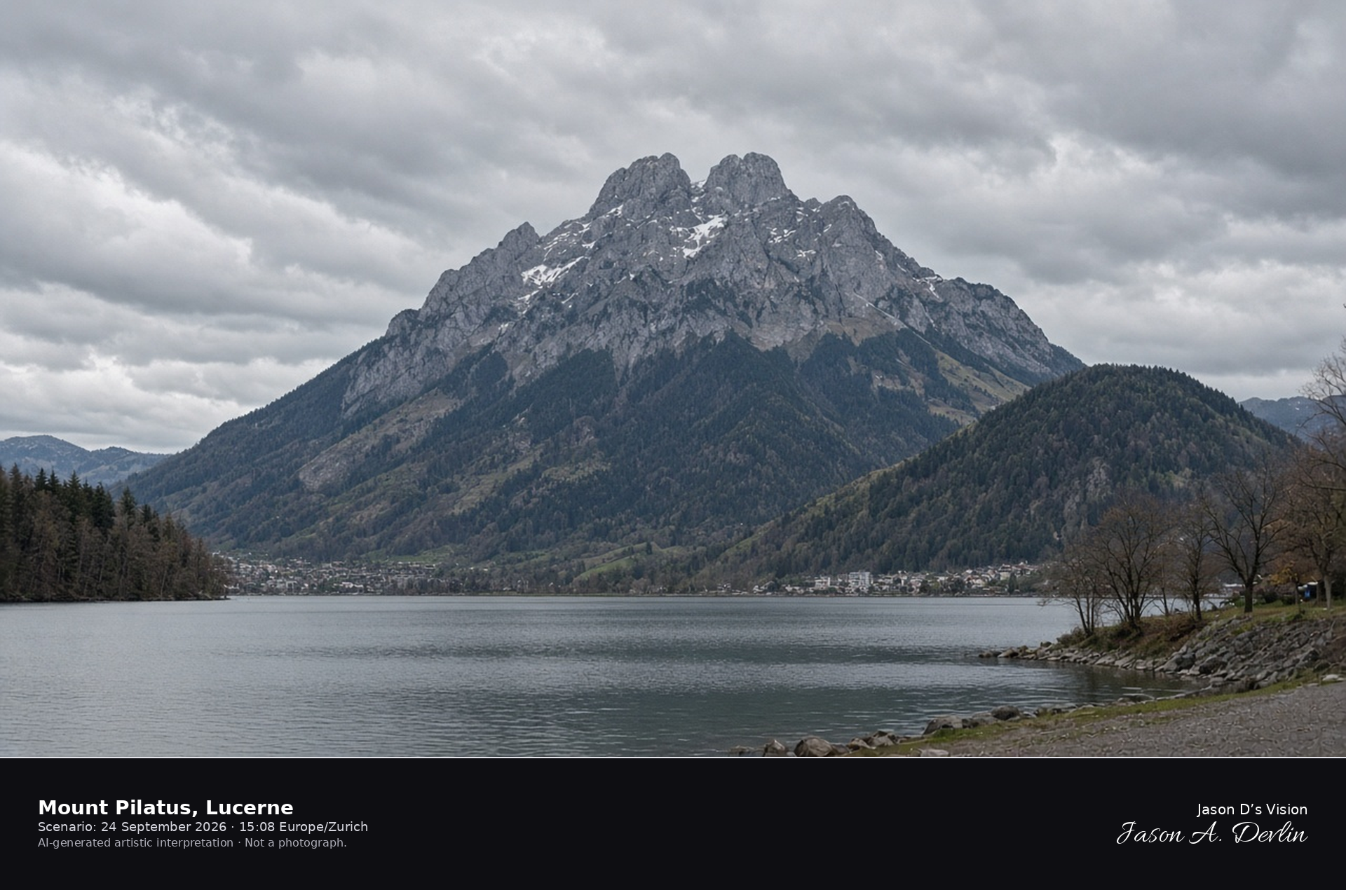 AI-generated artistic interpretation of Mount Pilatus from the Lucerne lakeshore