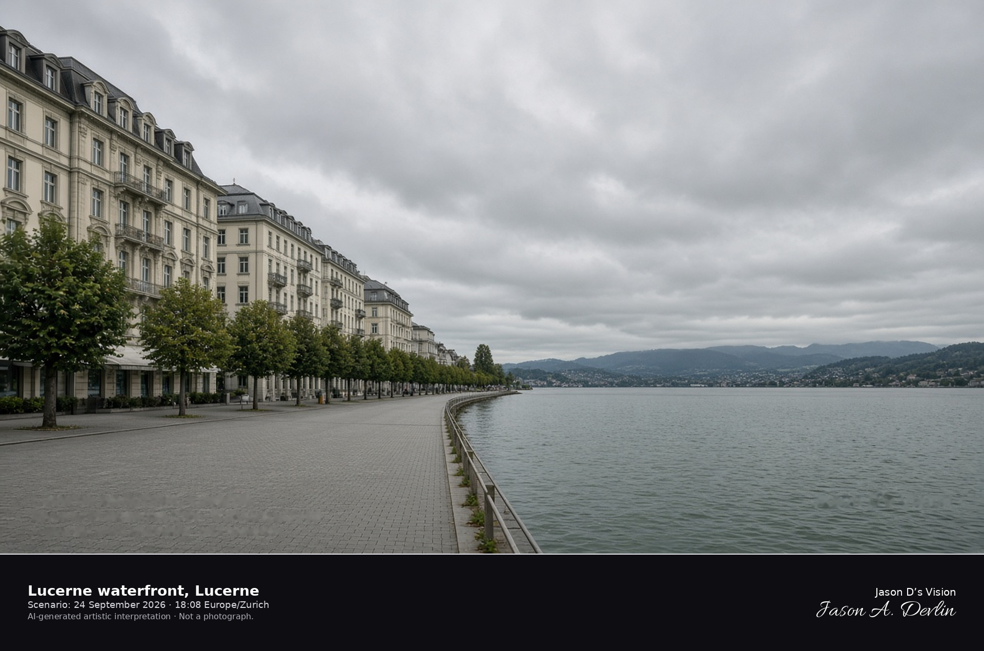 AI-generated artistic interpretation of the Nationalquai waterfront on Lake Lucerne
