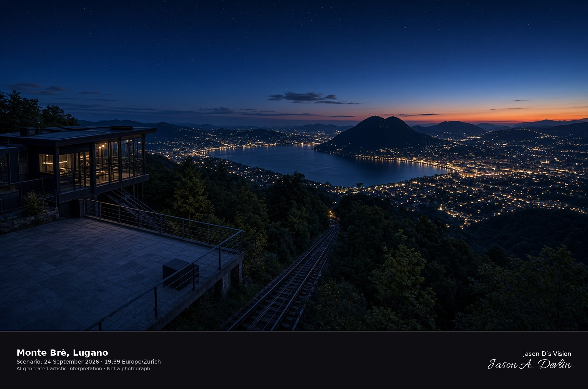 AI-generated artistic interpretation from the summit of Monte Brè over Lugano at night