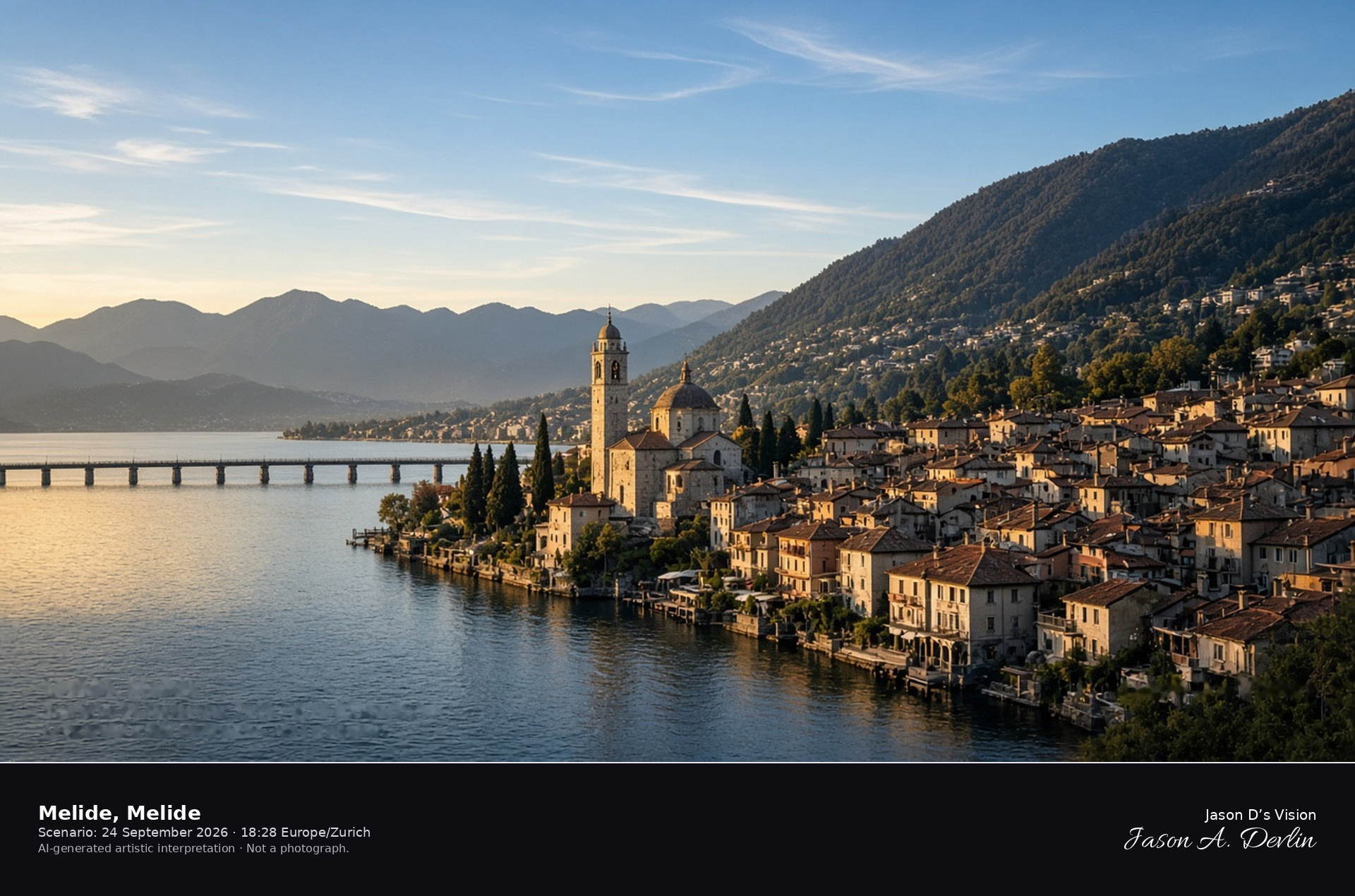 AI-generated artistic interpretation of Melide, its parish church, and the Lake Lugano causeway