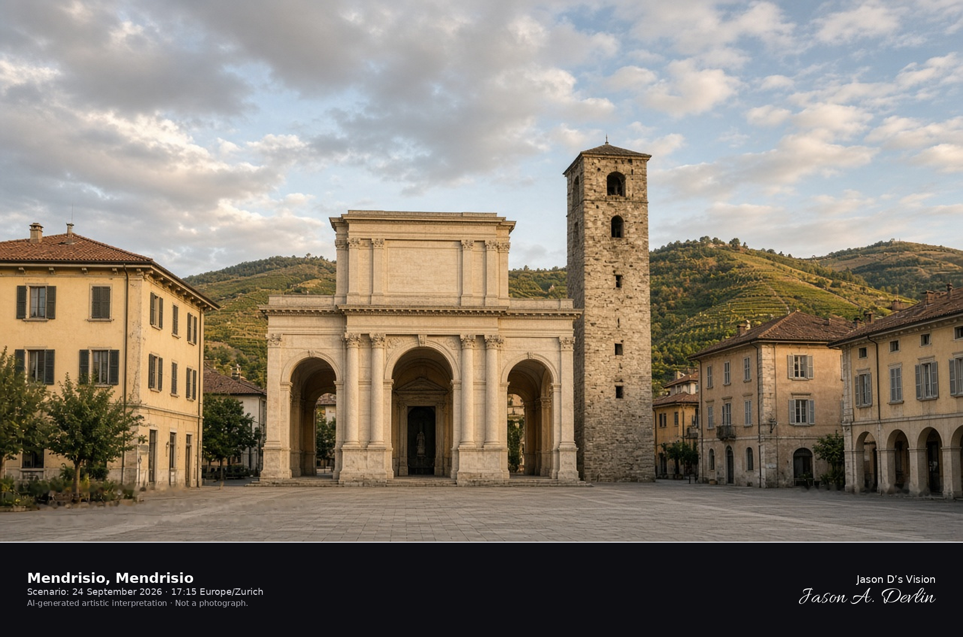 AI-generated artistic interpretation of Piazza del Ponte and the church of Santi Cosma e Damiano in Mendrisio