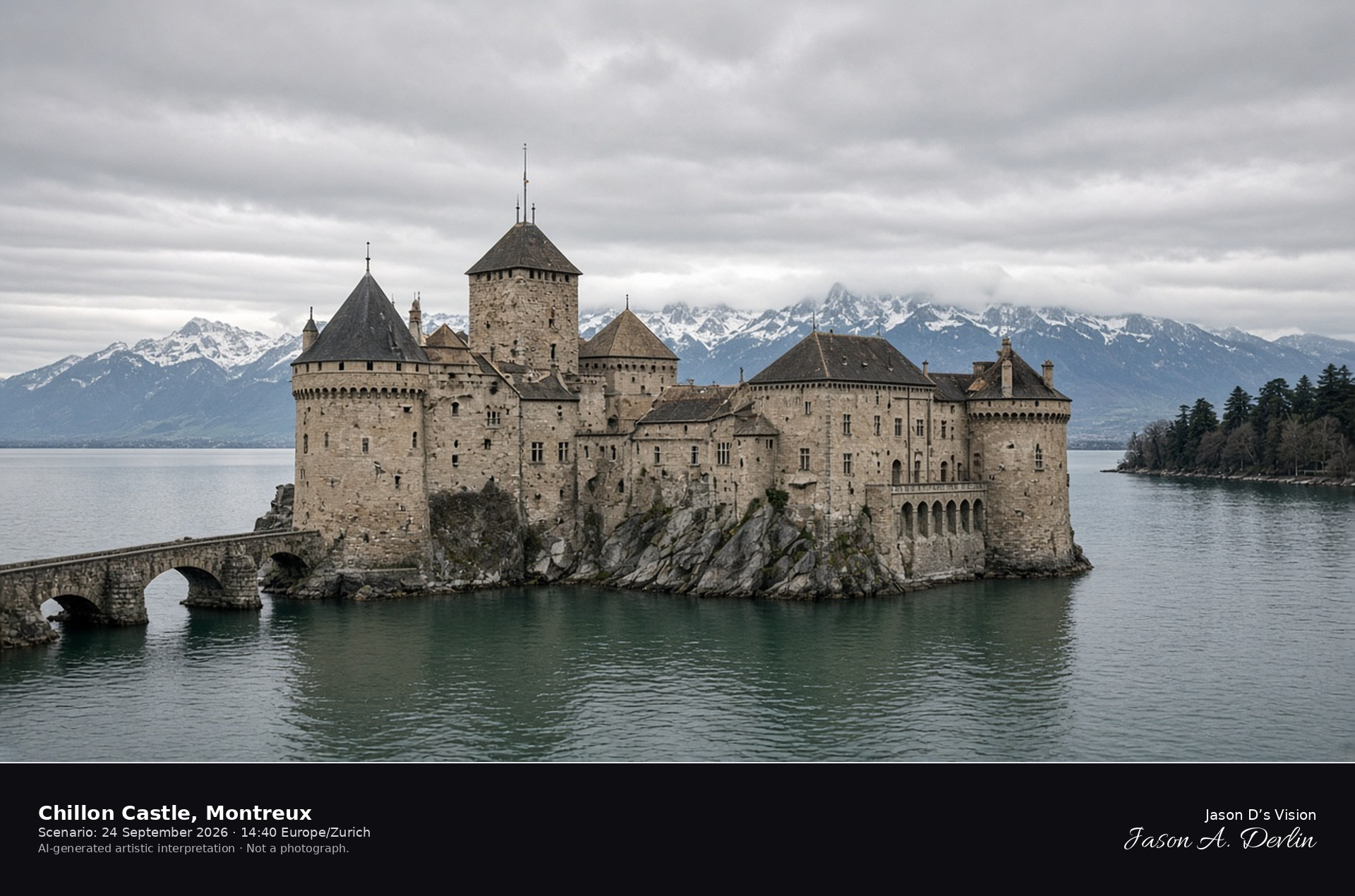 AI-generated artistic interpretation of Chillon Castle on Lake Geneva near Montreux