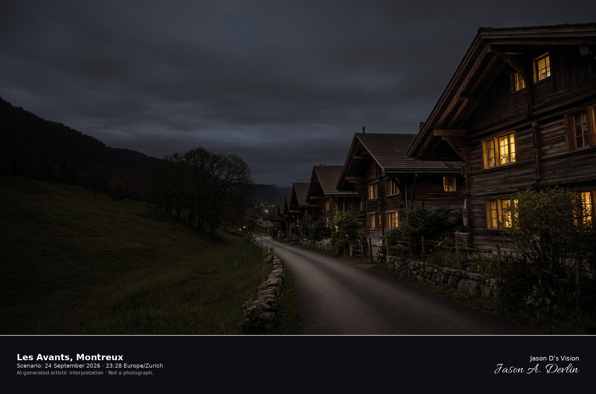 AI-generated artistic interpretation of the chalet lane at Les Avants at night