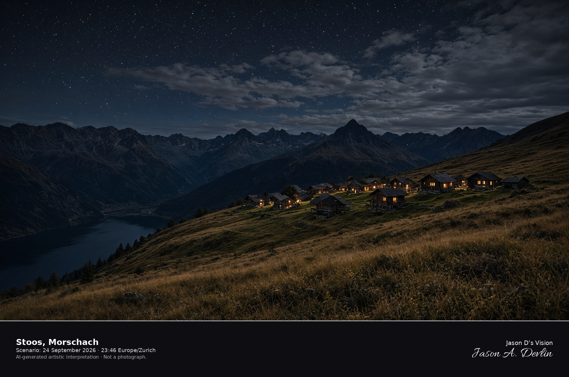 AI-generated artistic interpretation of Stoos above Lake Lucerne at night
