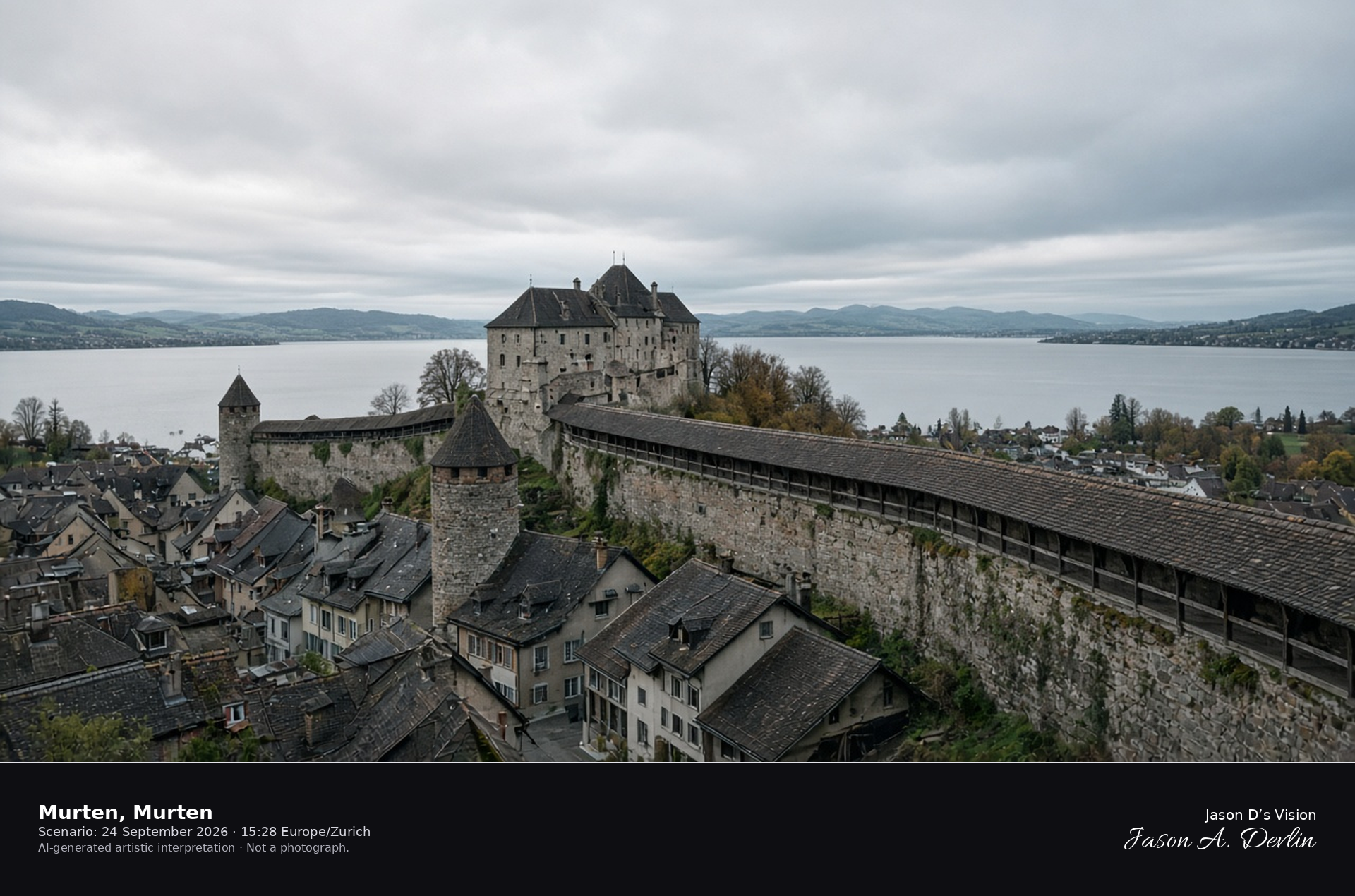 AI-generated artistic interpretation of Murten’s ring wall and castle above the lake