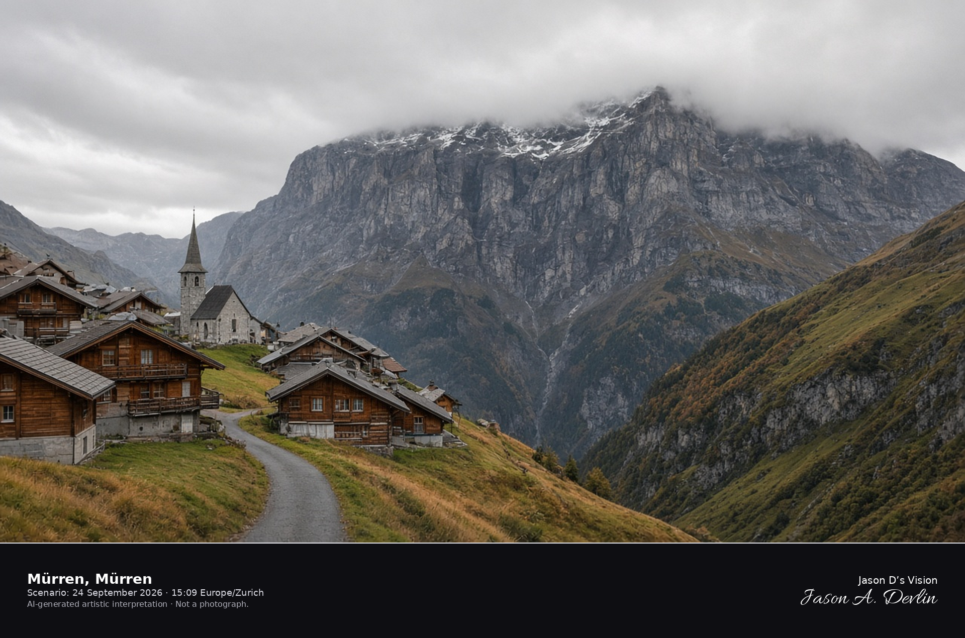 AI-generated artistic interpretation of Mürren on its cliff with the Eiger north face across the valley