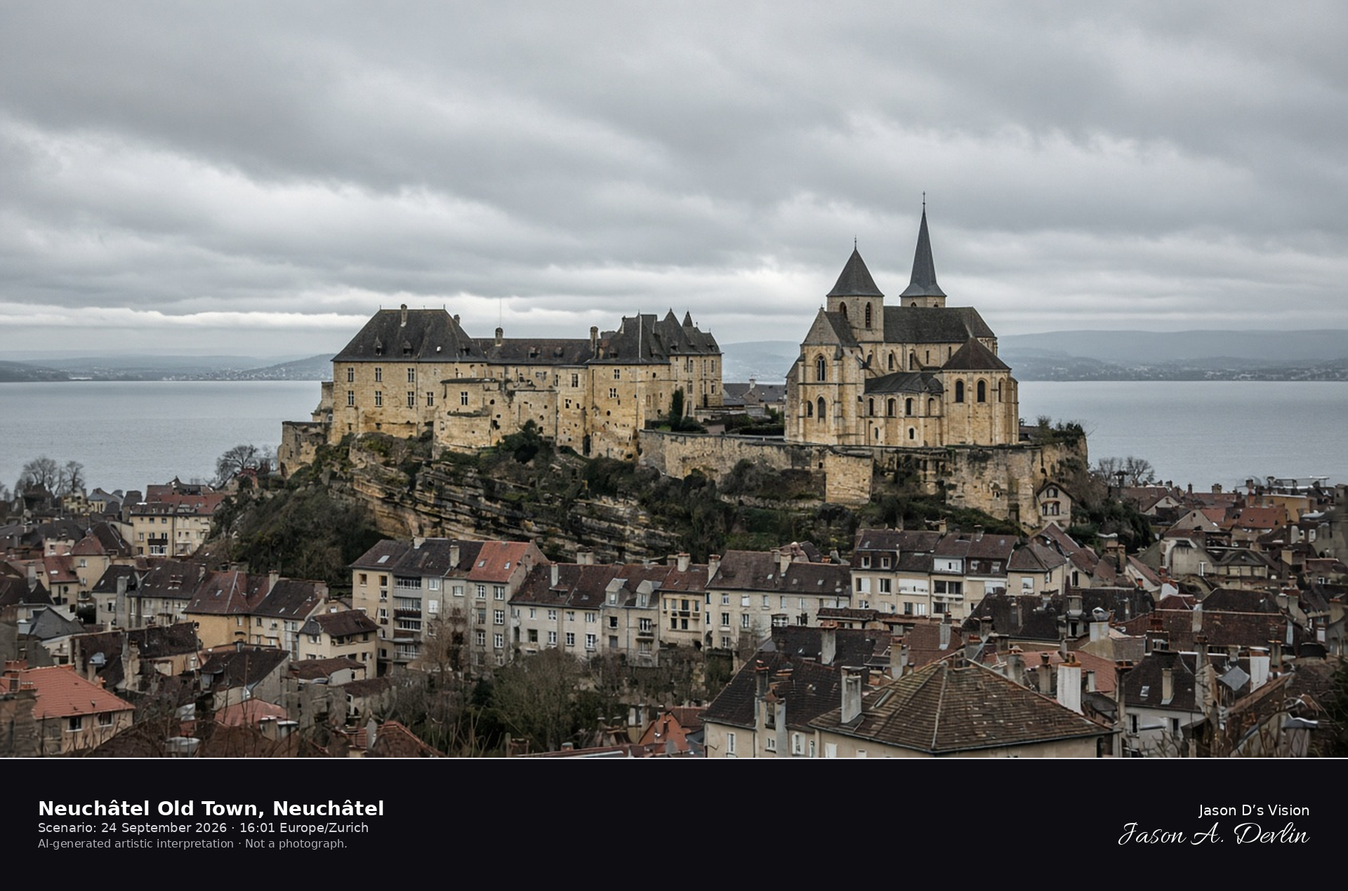 AI-generated artistic interpretation of the Neuchâtel château and collegiate church above the lake