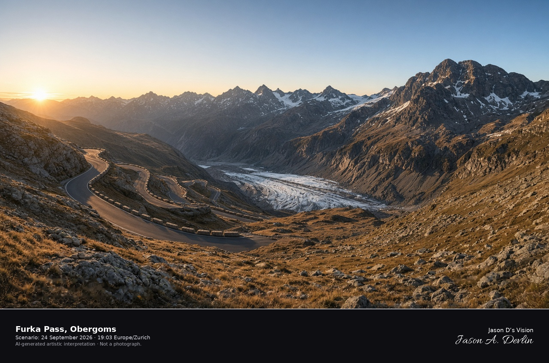 AI-generated artistic interpretation of the Furka Pass road on the Obergoms side of the crest