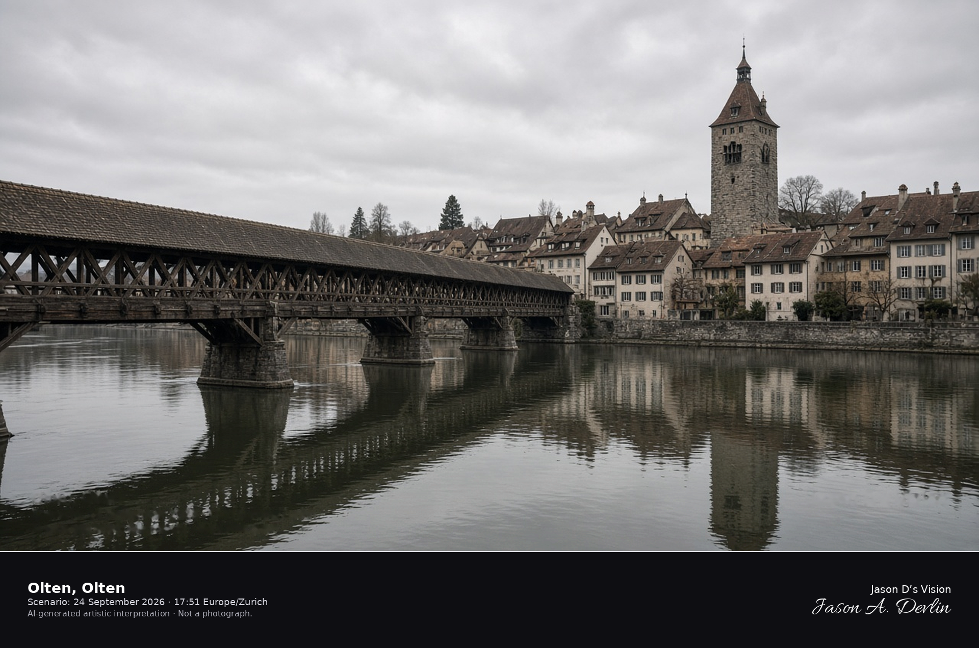AI-generated artistic interpretation of the covered wooden bridge over the Aare at Olten