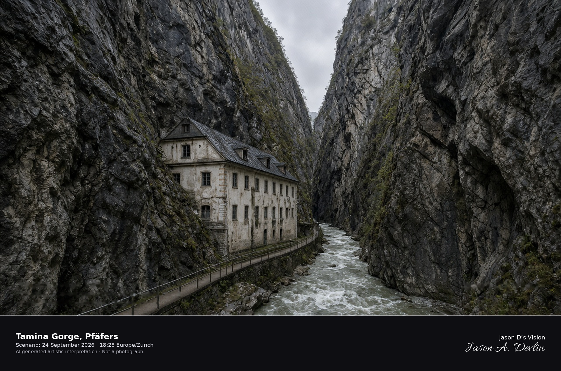 AI-generated artistic interpretation of the Tamina Gorge and the Alte Bad Pfäfers