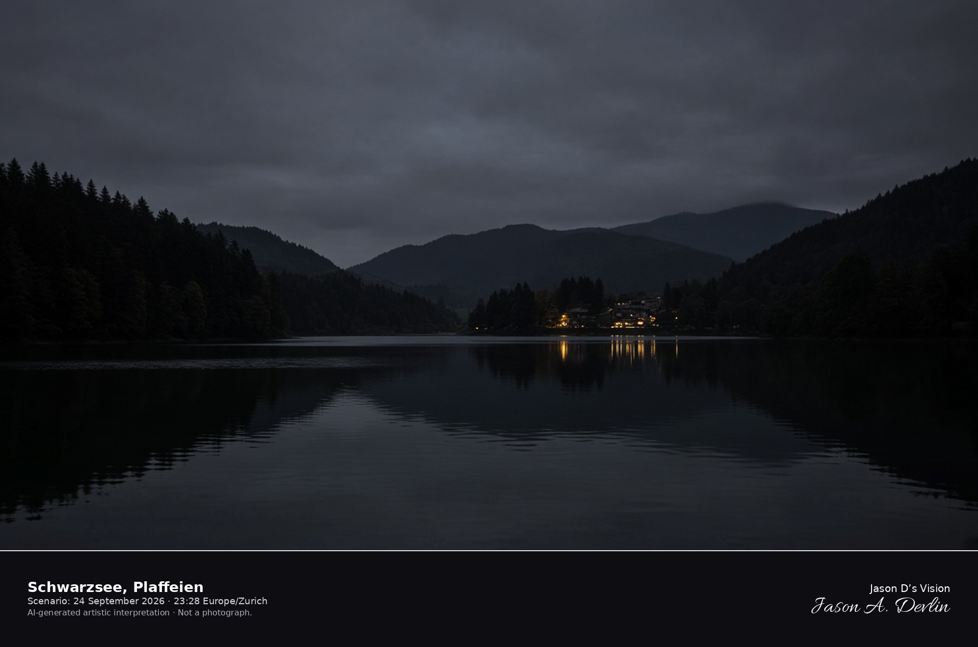 AI-generated artistic interpretation of Schwarzsee in Plaffeien at night