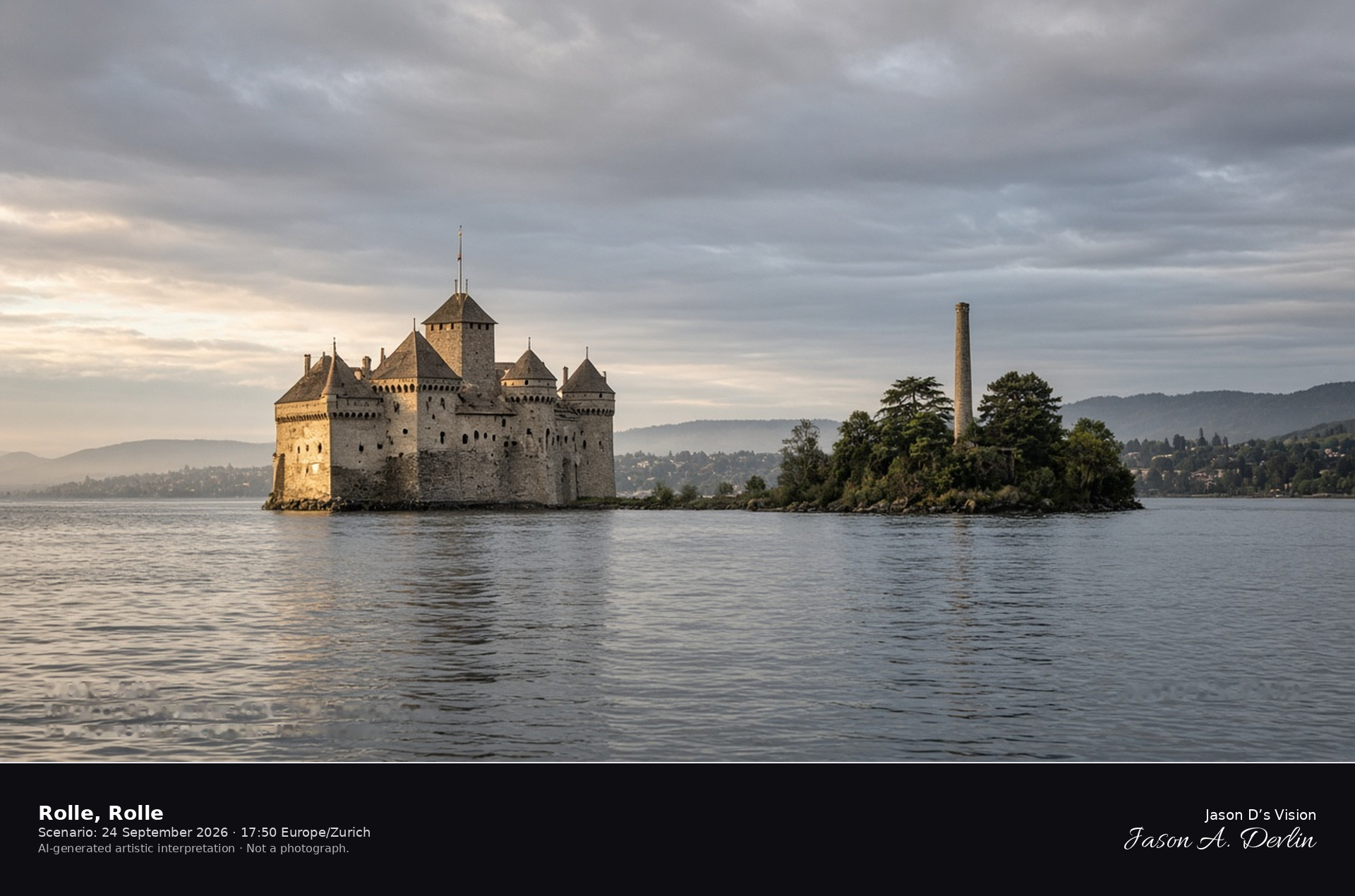 AI-generated artistic interpretation of Rolle Castle and the Île de la Harpe