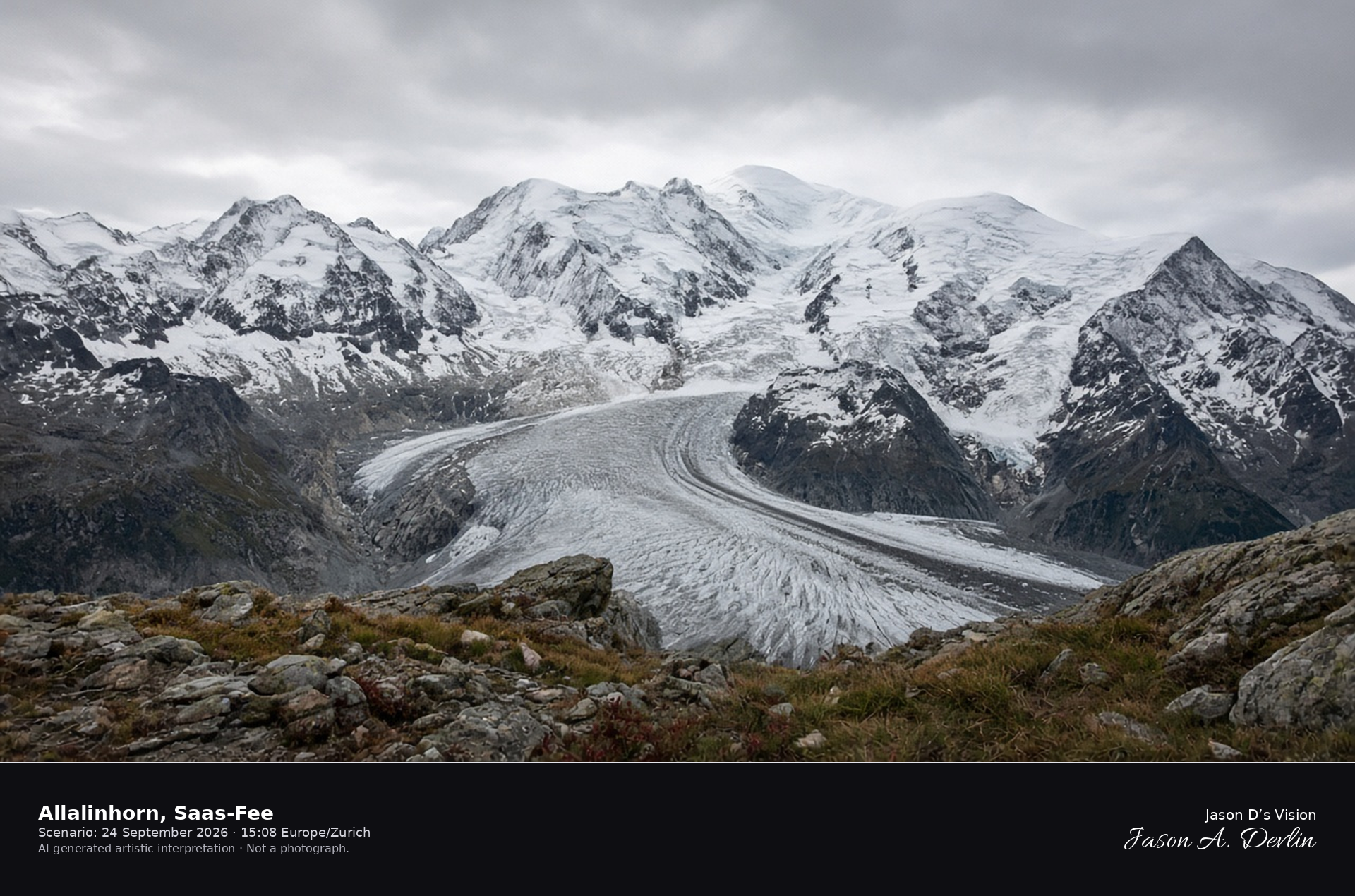 AI-generated artistic interpretation of the Allalinhorn and Fee Glacier from Längfluh above Saas-Fee
