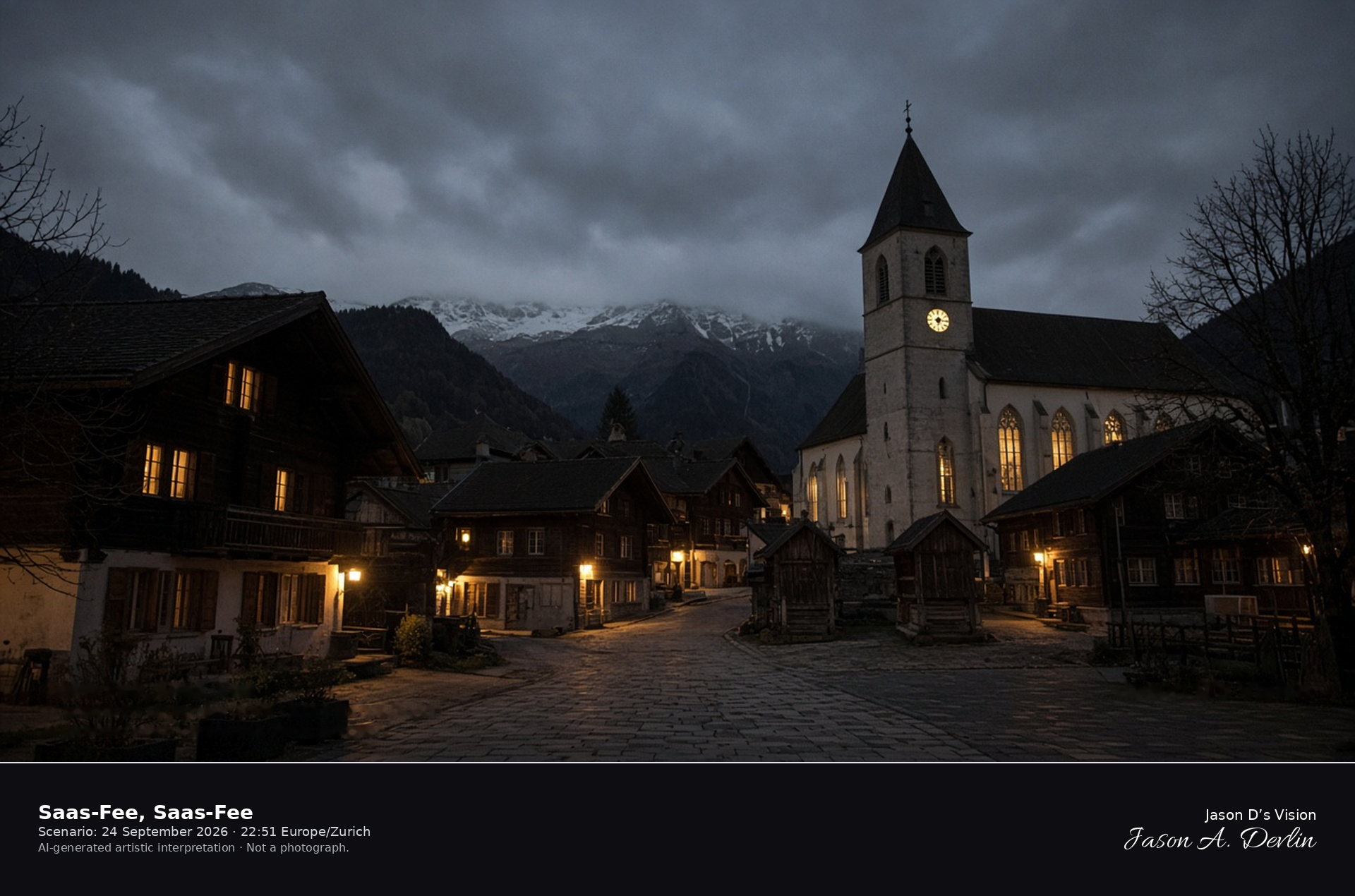AI-generated artistic interpretation of the Herz Jesu church and chalets in Saas-Fee at night
